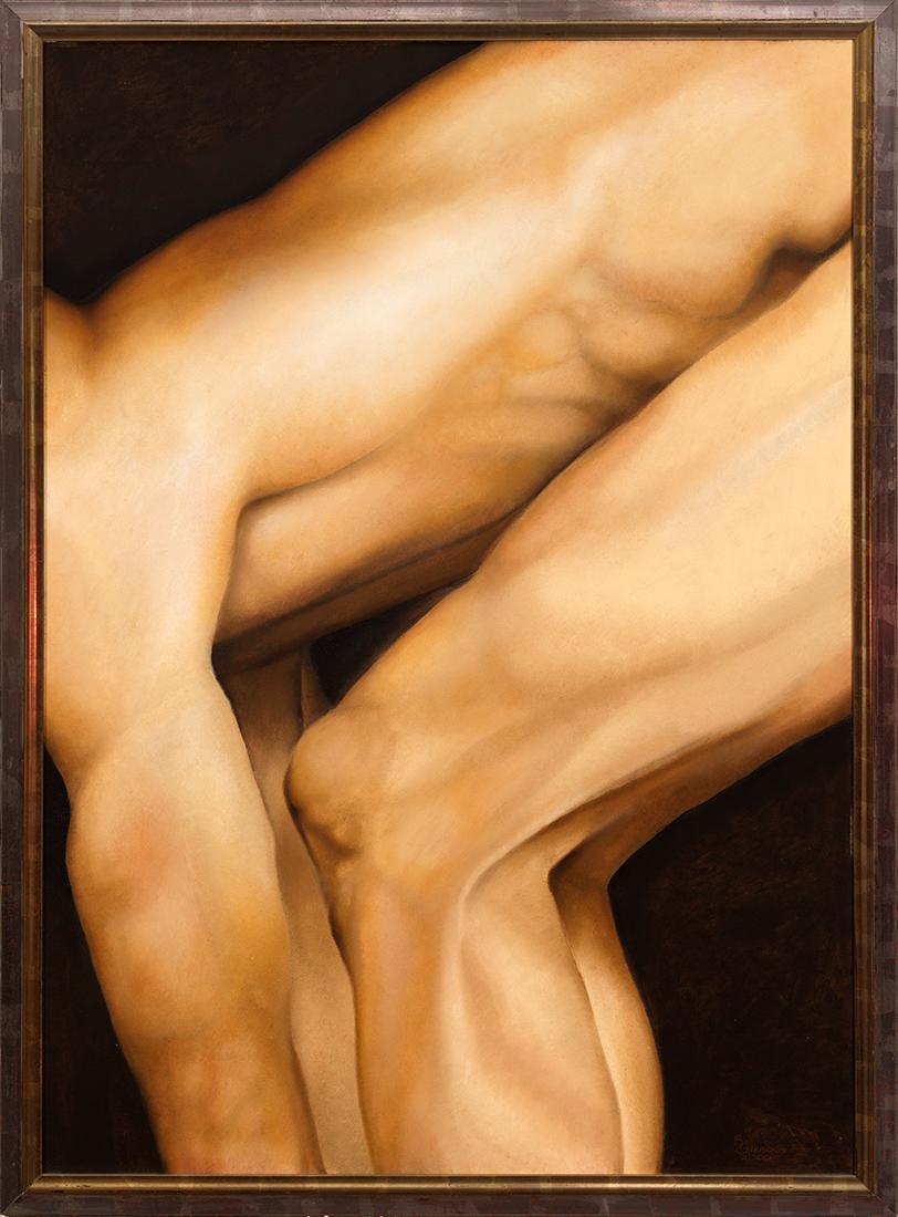 Dive - Intimate Portrait of Male Nude, Side View, Black Background Original Oil 