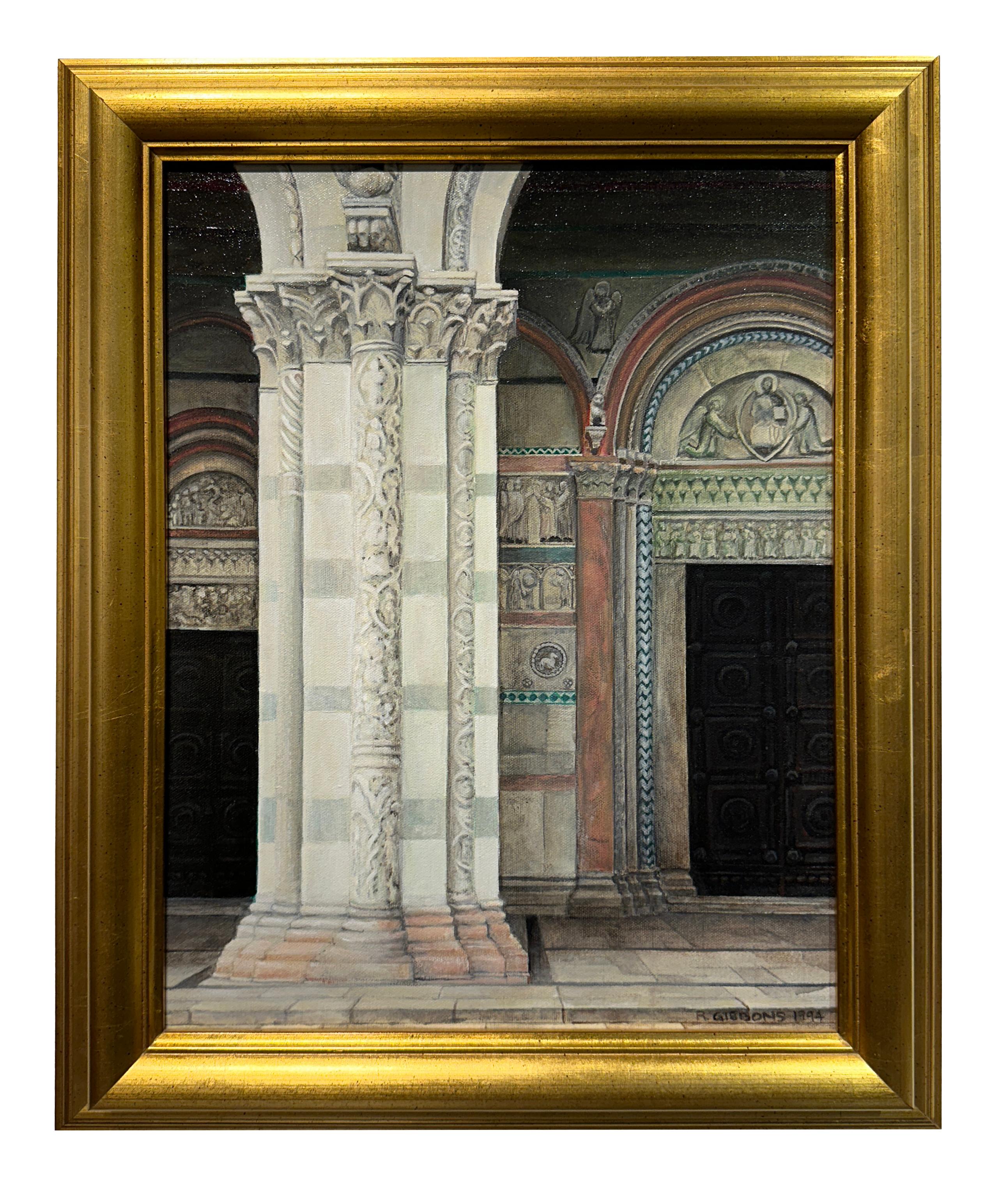 Duomo, Lucca, Italien – architektonisches Interieur, gerahmt, Original, Öl auf Leinwand