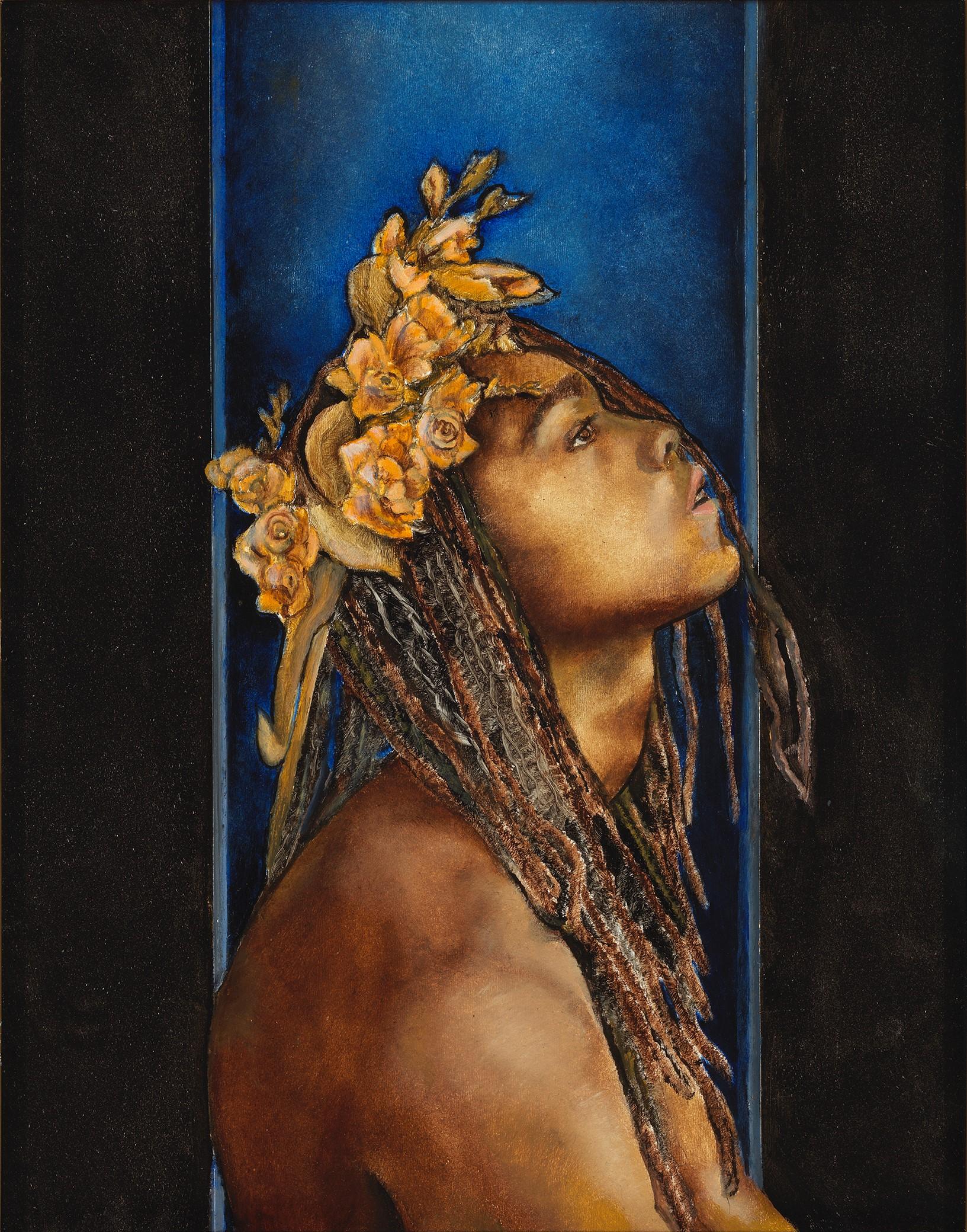 Eden – männliches Aktporträt mit Zifferblättern auf marineblauem Hintergrund – Painting von Richard Gibbons