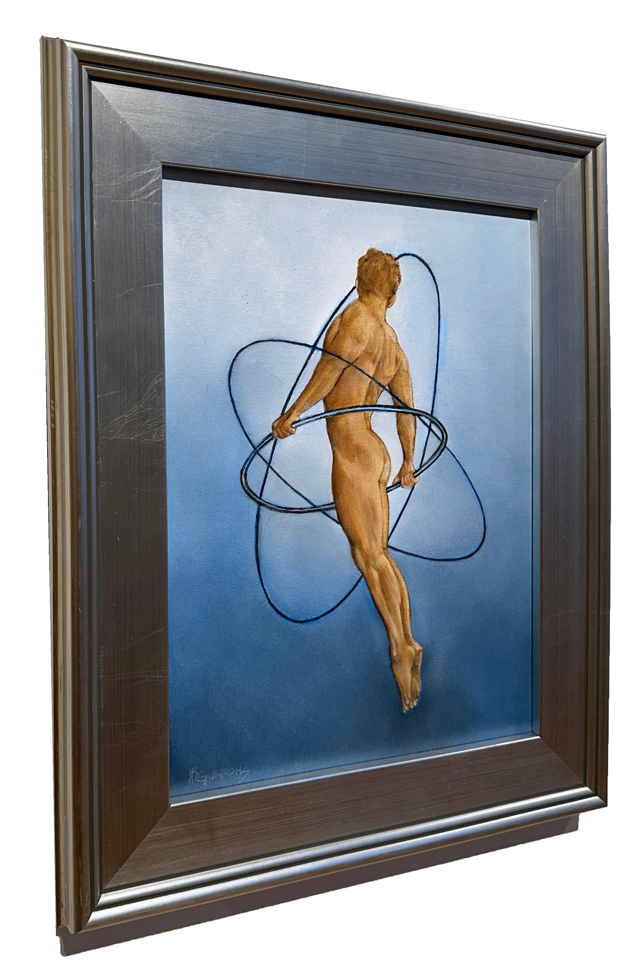 Campo de energía - Figura desnuda flotante rodeada de aros, Óleo original, enmarcado - Painting de Richard Gibbons