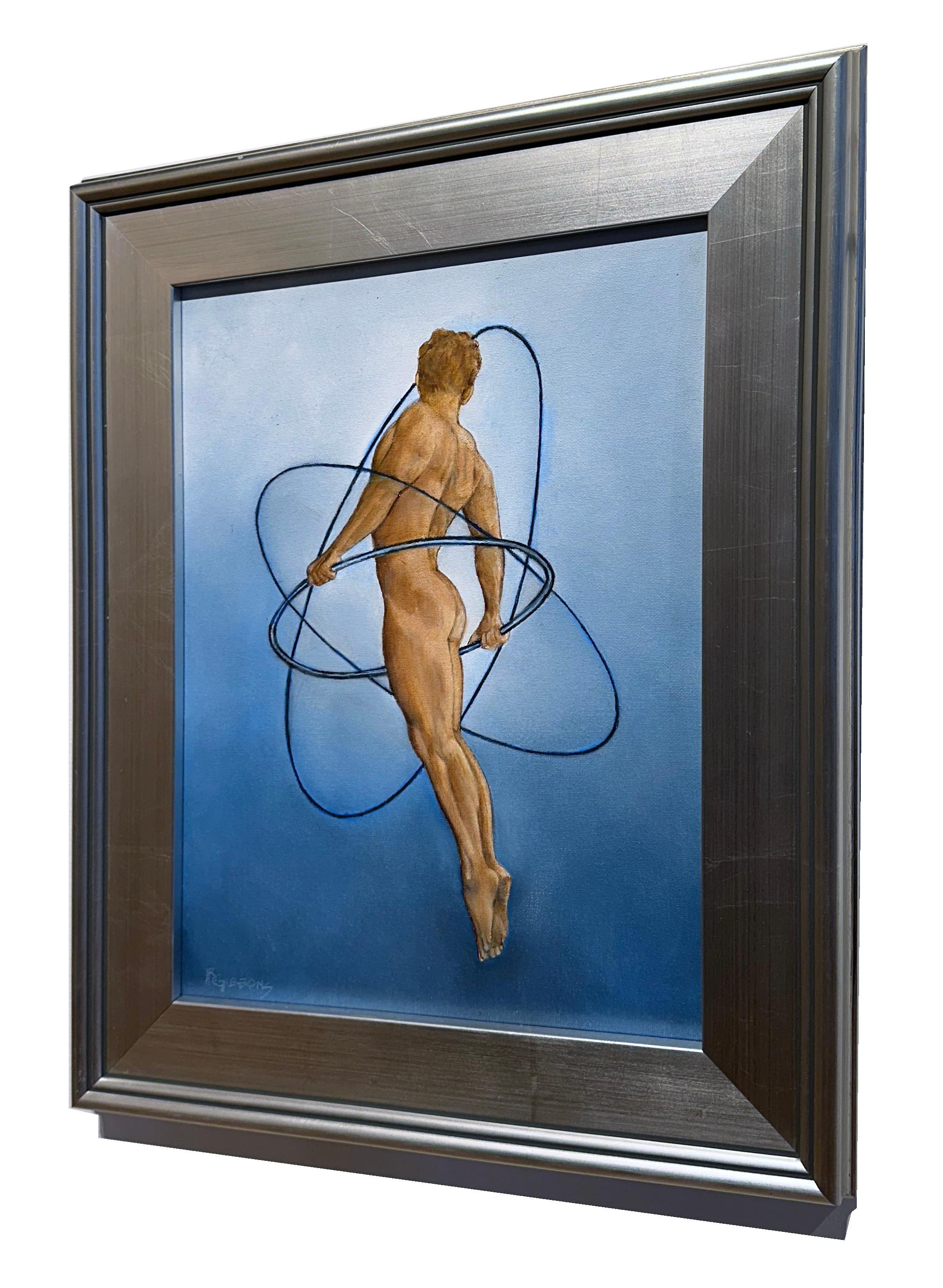 Campo de energía - Figura desnuda flotante rodeada de aros, Óleo original, enmarcado - Painting Contemporáneo de Richard Gibbons