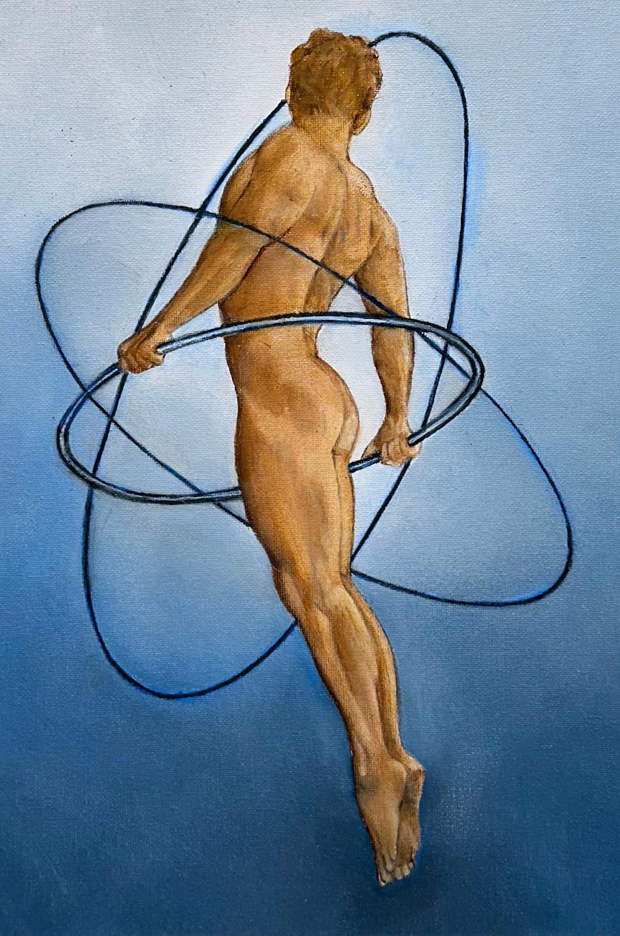 Campo de energía - Figura desnuda flotante rodeada de aros, Óleo original, enmarcado - Nude Painting Gris de Richard Gibbons