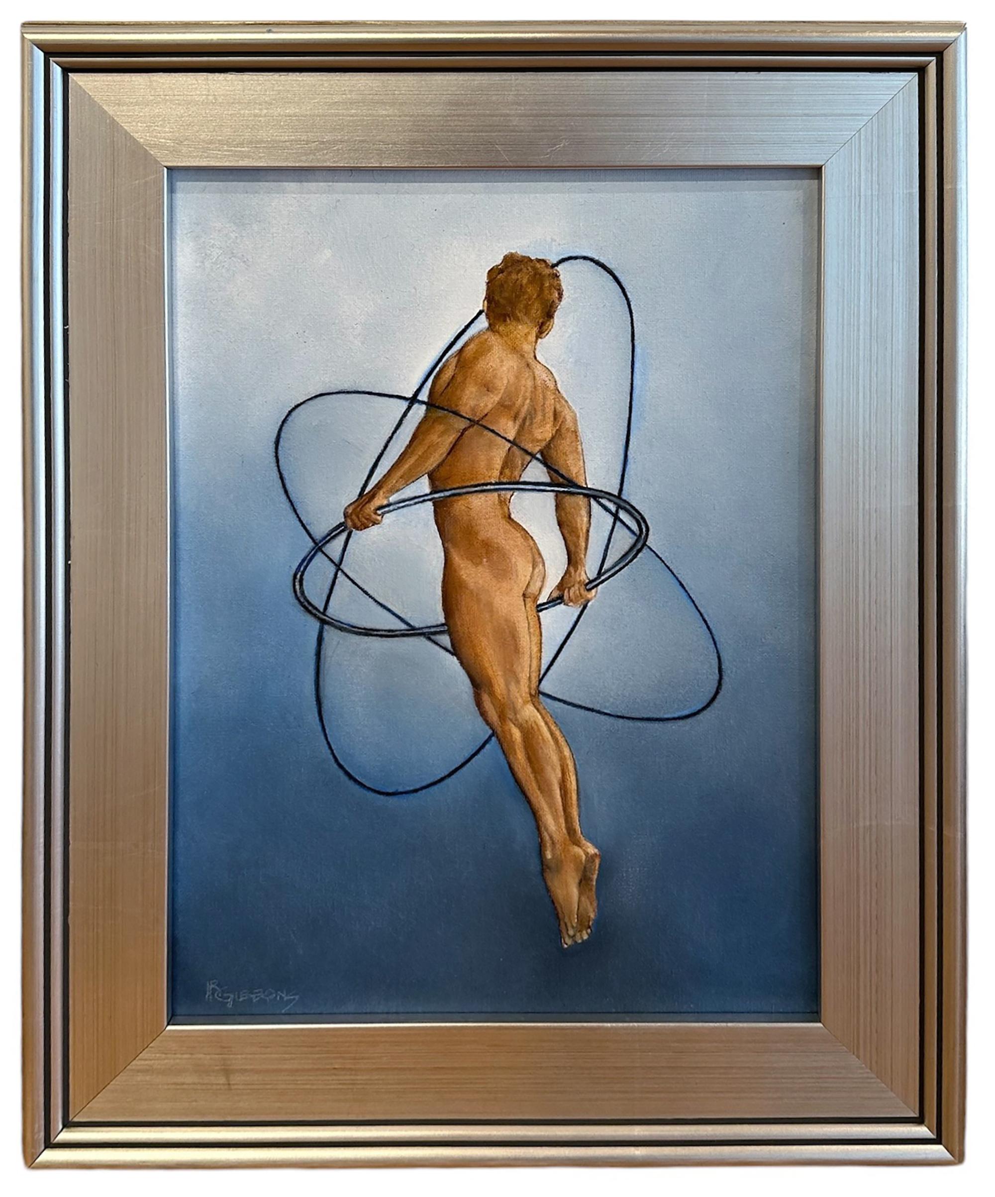 Nude Painting Richard Gibbons - Field énergétique - Figure nue flottante entourée de cercles, huile originale, encadrée