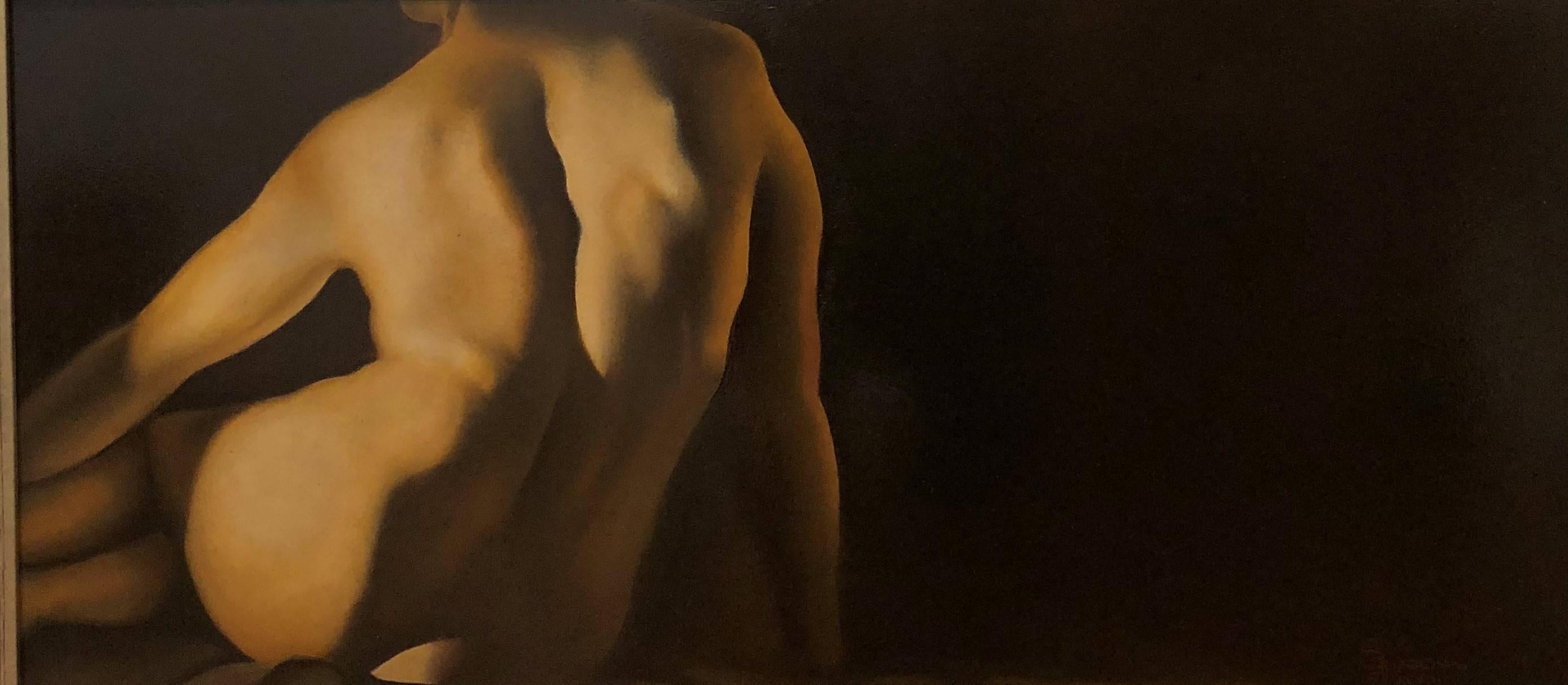 Figure F - Original Oil Painting of Nude Female Figure From Back in Soft Light - Black Nude Painting by Richard Gibbons