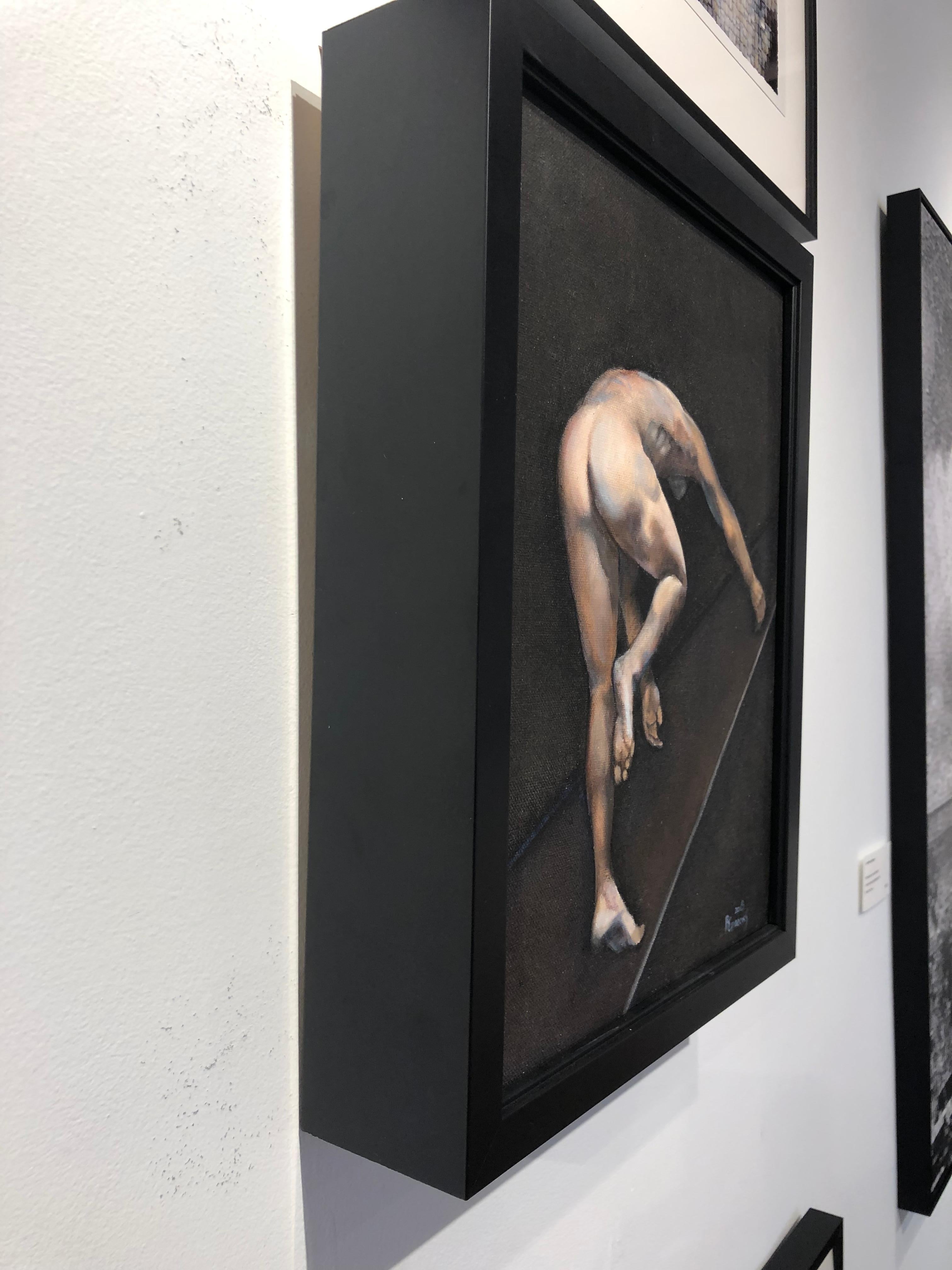 Flight, Male Nude, Posterior View, Climbing, Original Oil Painting, Framed - Black Nude Painting by Richard Gibbons