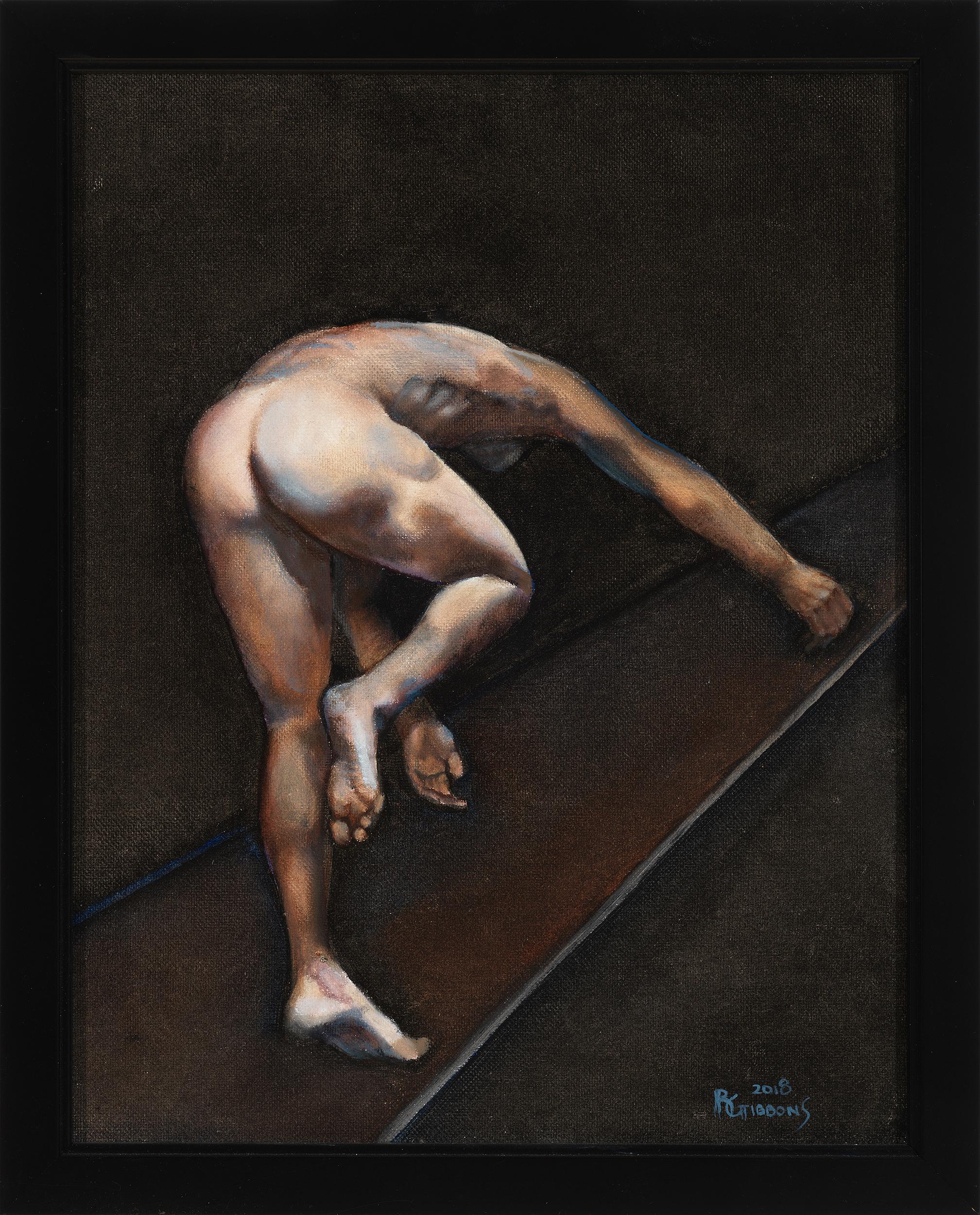 Richard Gibbons Nude Painting - Flight, Male Nude, Posterior View, Climbing, Original Oil Painting, Framed