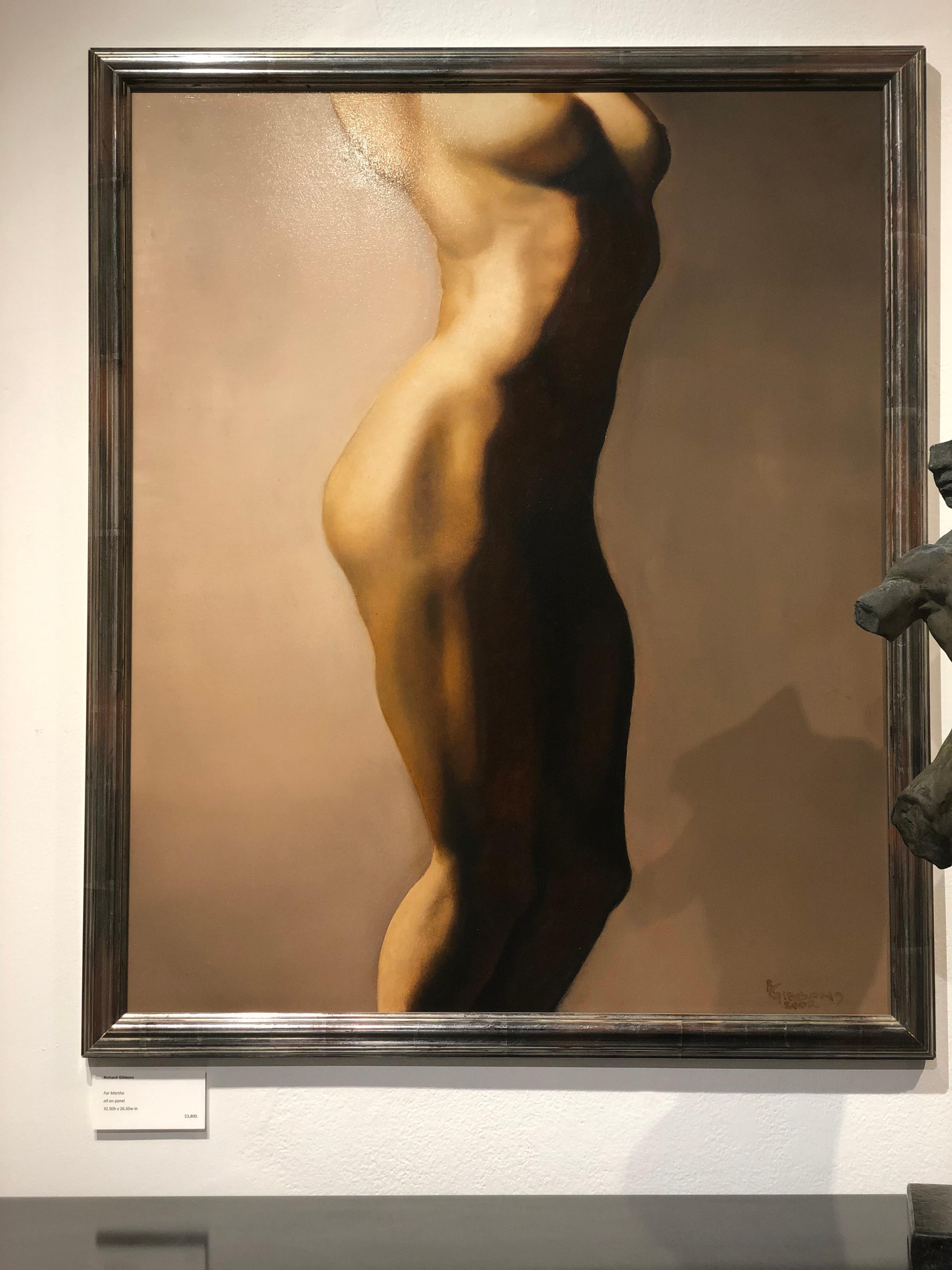 Pour Martha - Peinture à l'huile originale d'un côté féminin nu dans des tons de peau chaude - Marron Figurative Painting par Richard Gibbons