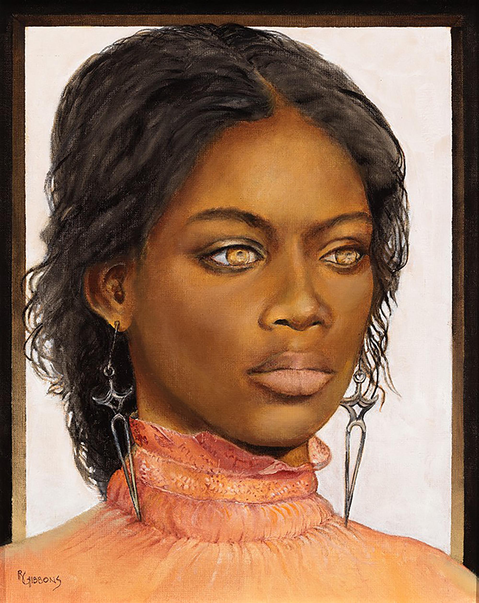 Richard Gibbons Portrait Painting – Golden Eyes - Porträt einer Frau mit durchbohrtem Gaze, Original-Ölgemälde