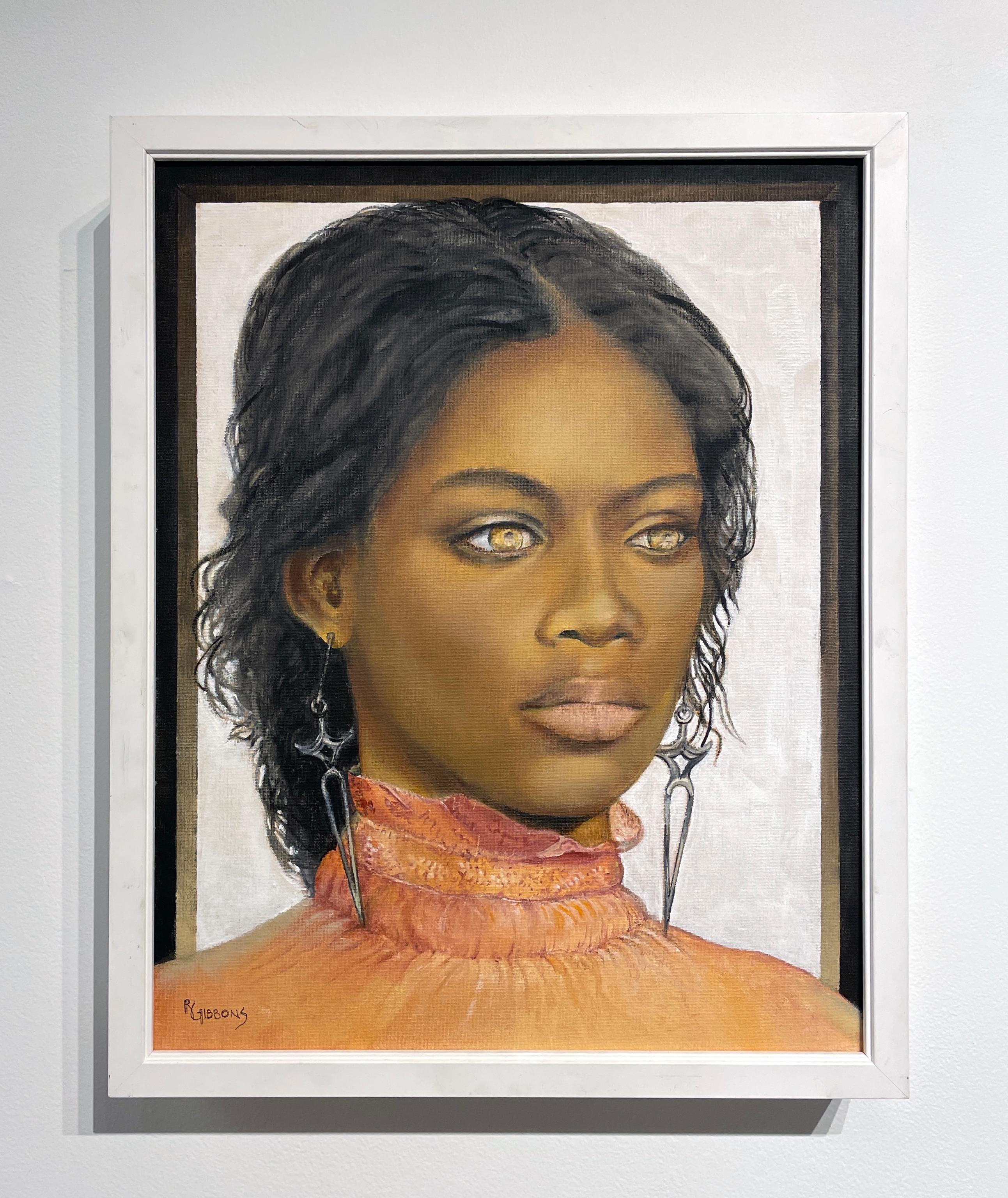Golden Eyes - Portrait of a Woman with a Piercing Gaze, Original Oil Painting - Beige Portrait Painting by Richard Gibbons