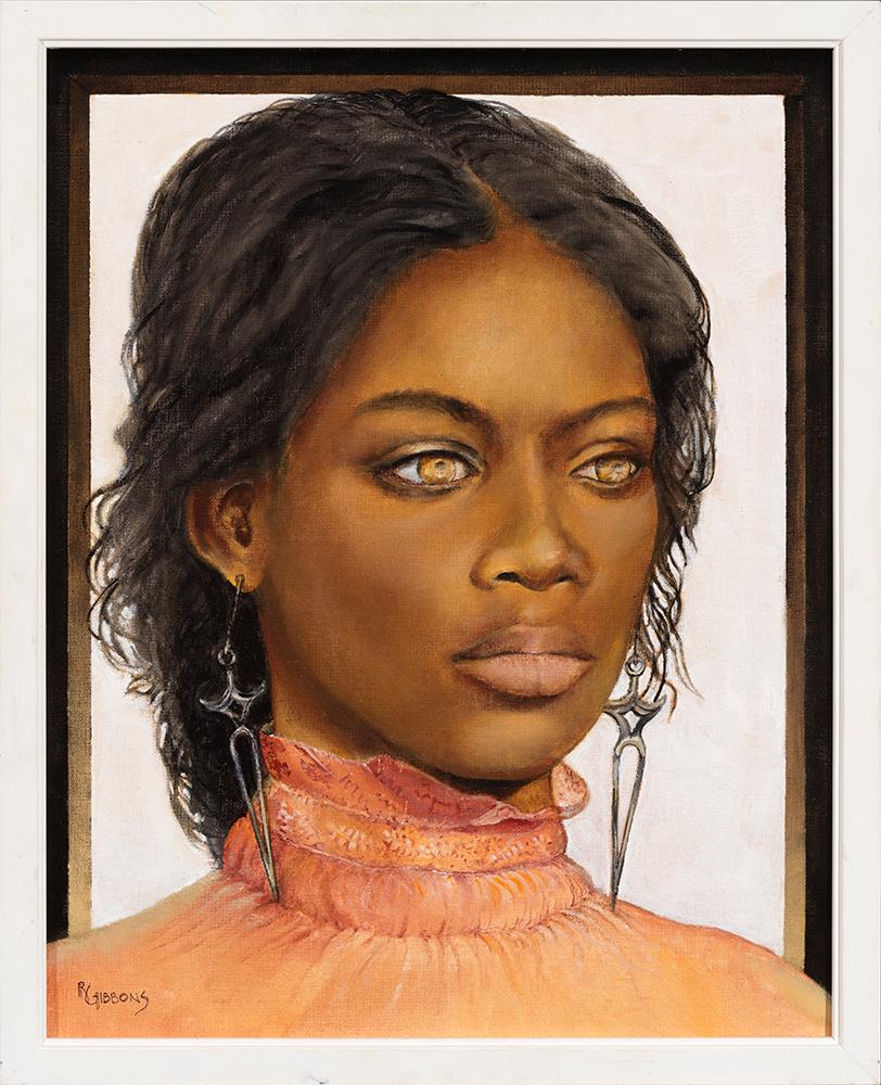 Portrait d'une femme aux yeux dorés avec un gazon perçant, peinture à l'huile originale