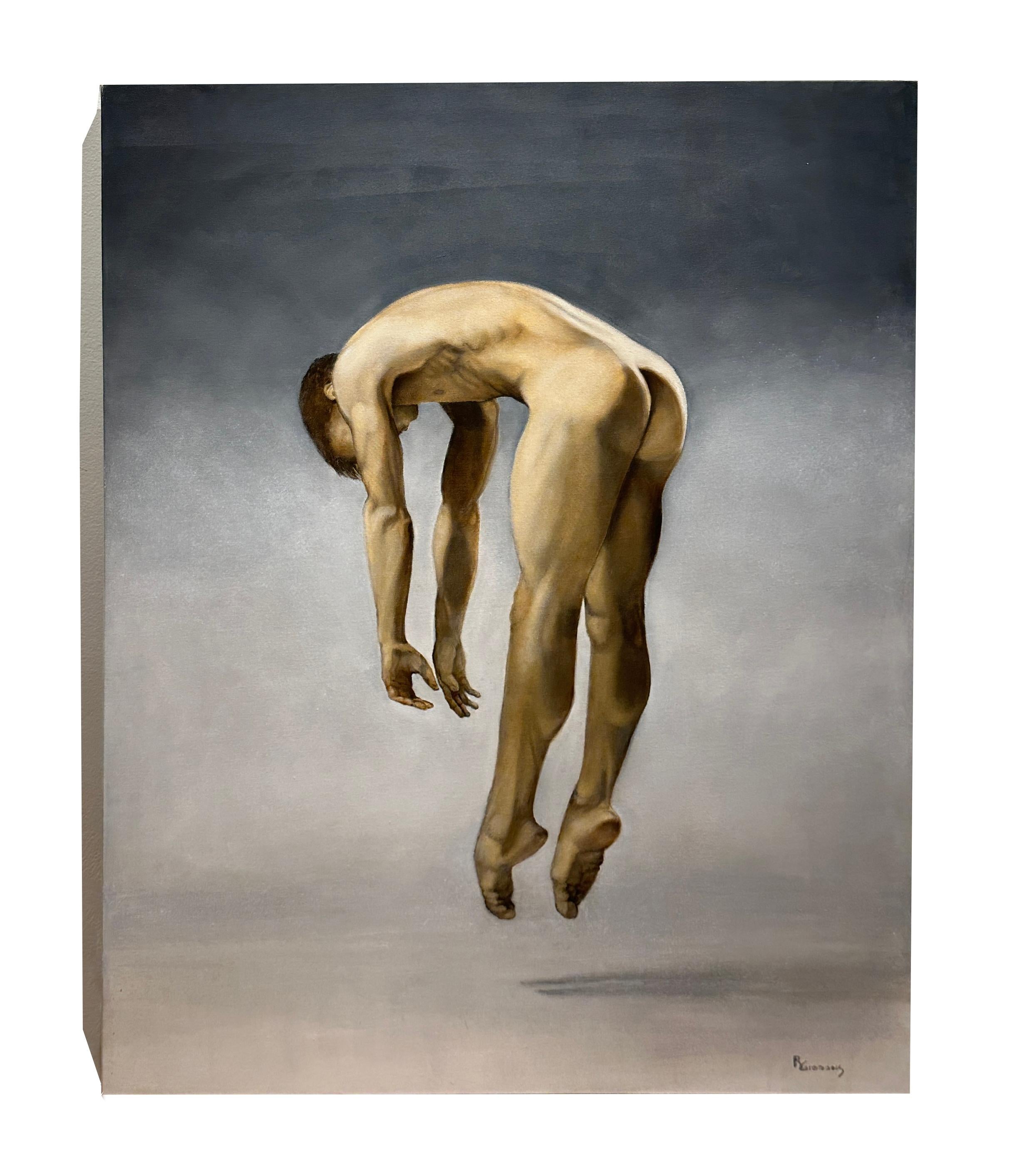 Hover - Male Nude Suspended in Air, Side View, Original Oil on Canvas - Painting by Richard Gibbons