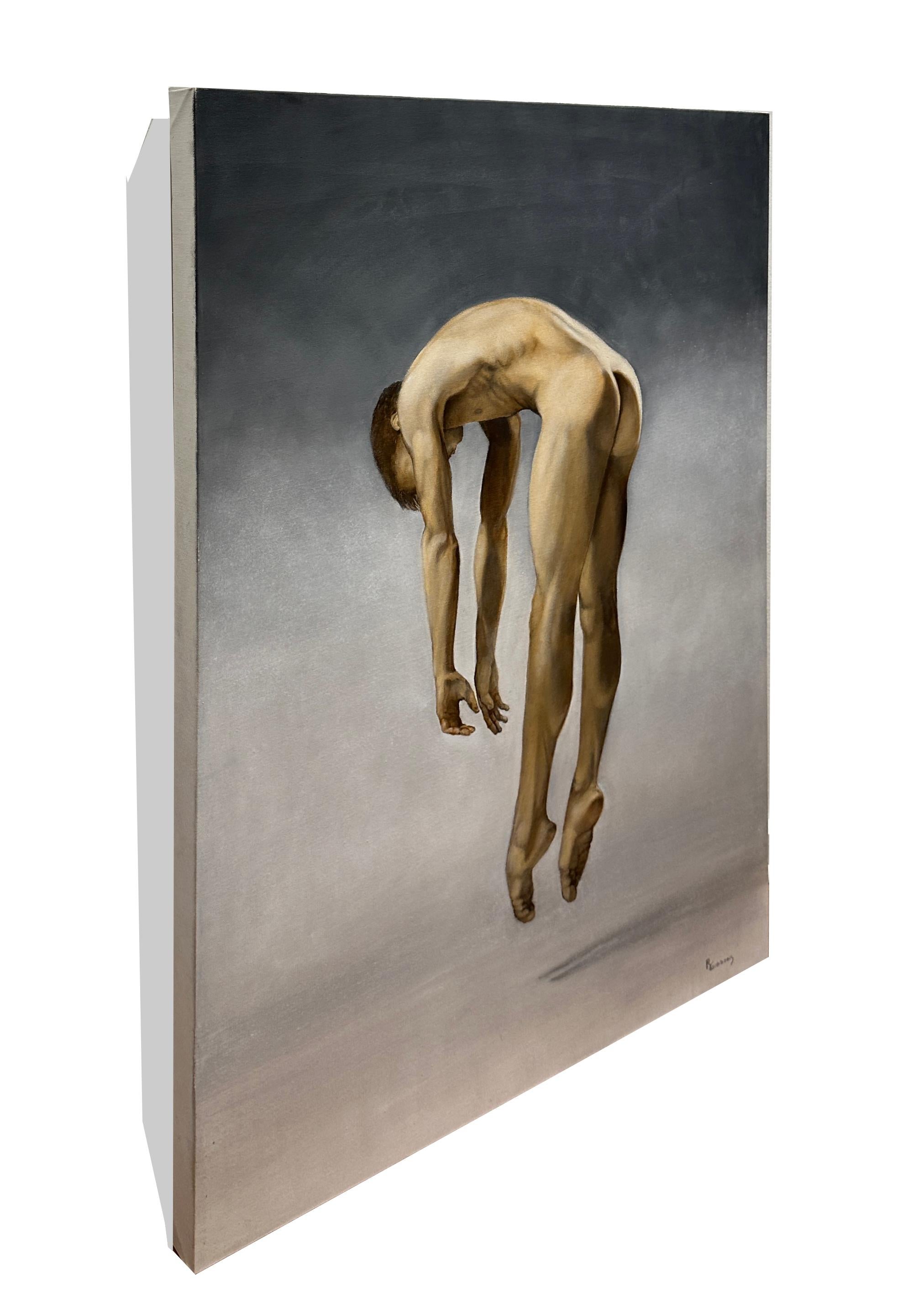 Hover - Male Nude Suspended in Air, Side View, Original Oil on Canvas - Contemporary Painting by Richard Gibbons
