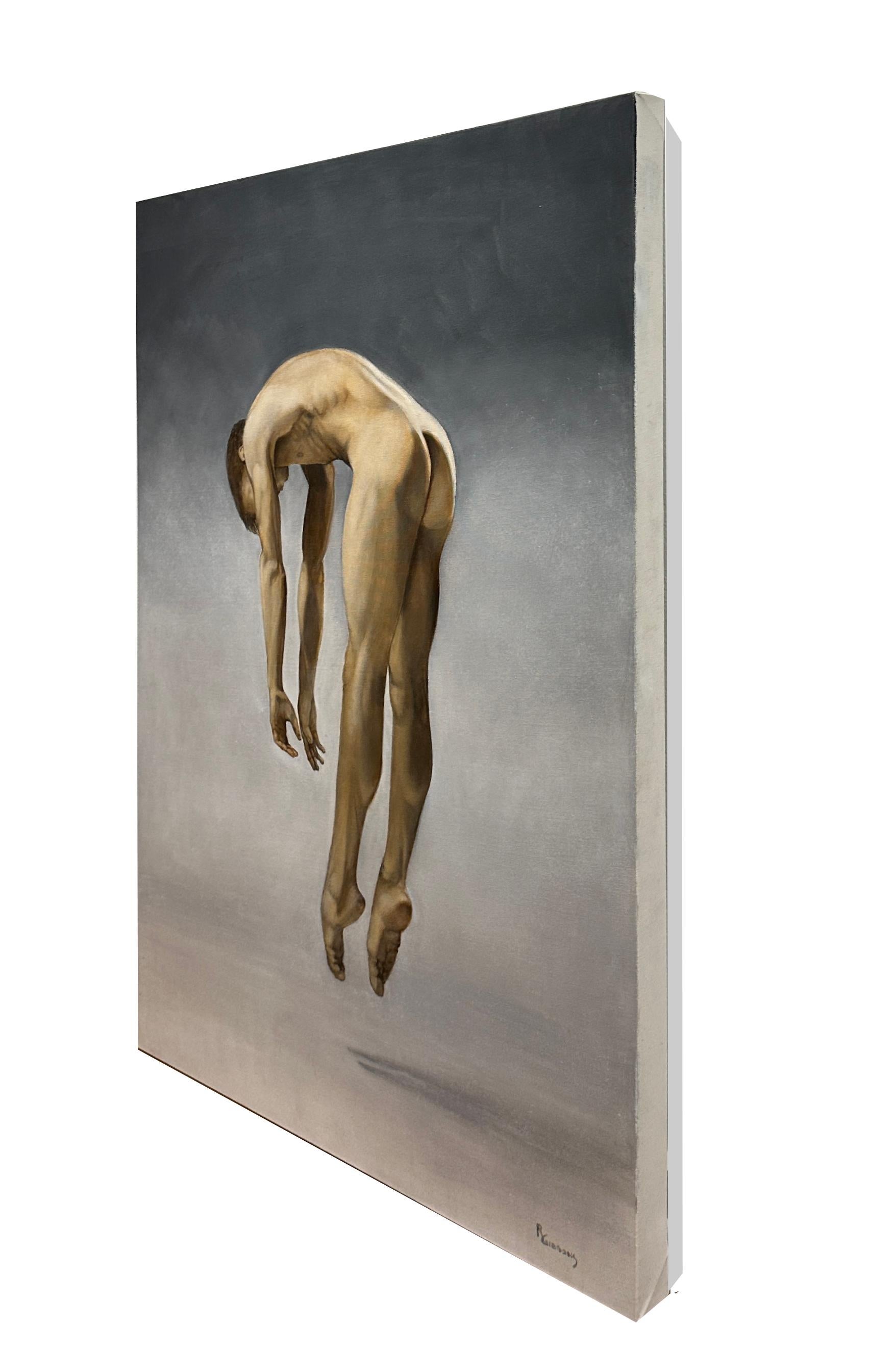 A master at capturing the subtleties of skin tone, Richard Gibbons presents an intimate view of a nude male.  Suspended in air, the figure appears as if ready to dive into a pool of water, the blue grey background mimicking water.  This piece is