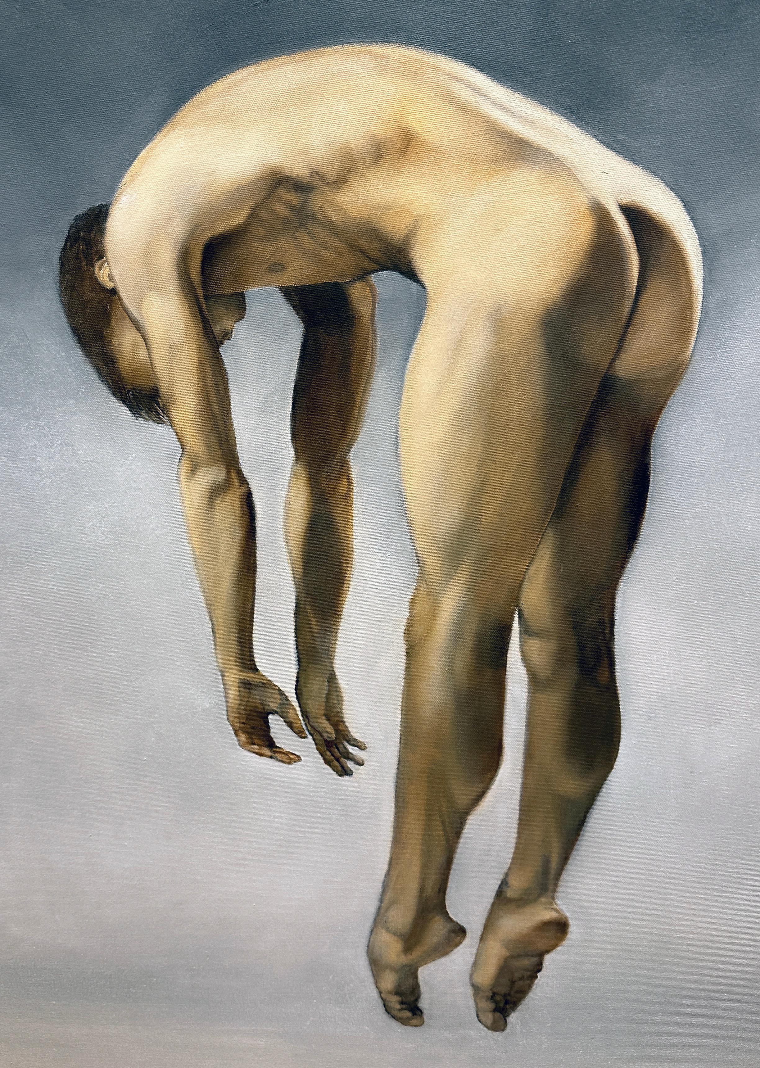 Hover - Male Nude Suspended in Air, Side View, Original Oil on Canvas For Sale 1