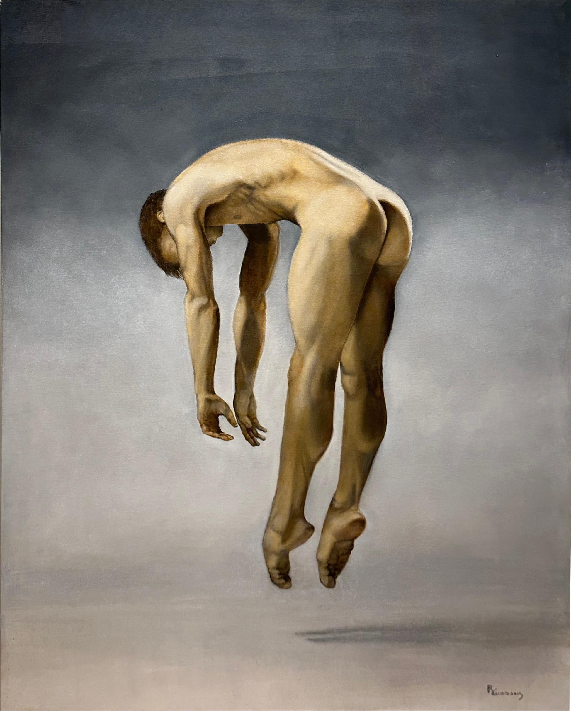 Richard Gibbons Nude Painting - Hover - Male Nude Suspended in Air, Side View, Original Oil on Canvas