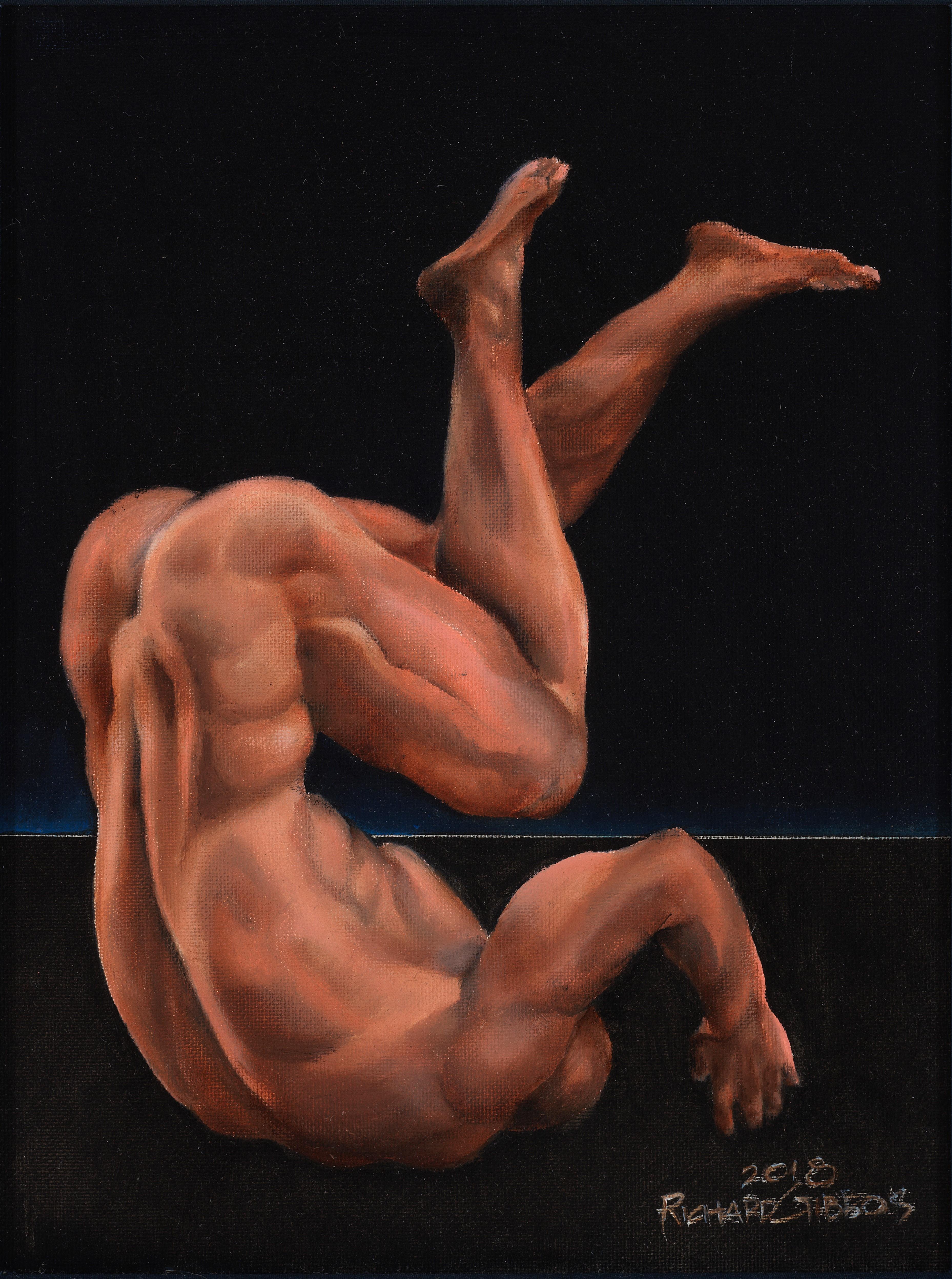 Icarus - Nackter männlicher Akt, der auf schwarzem Hintergrund nach unten schwebt, Öl auf Tafel – Painting von Richard Gibbons