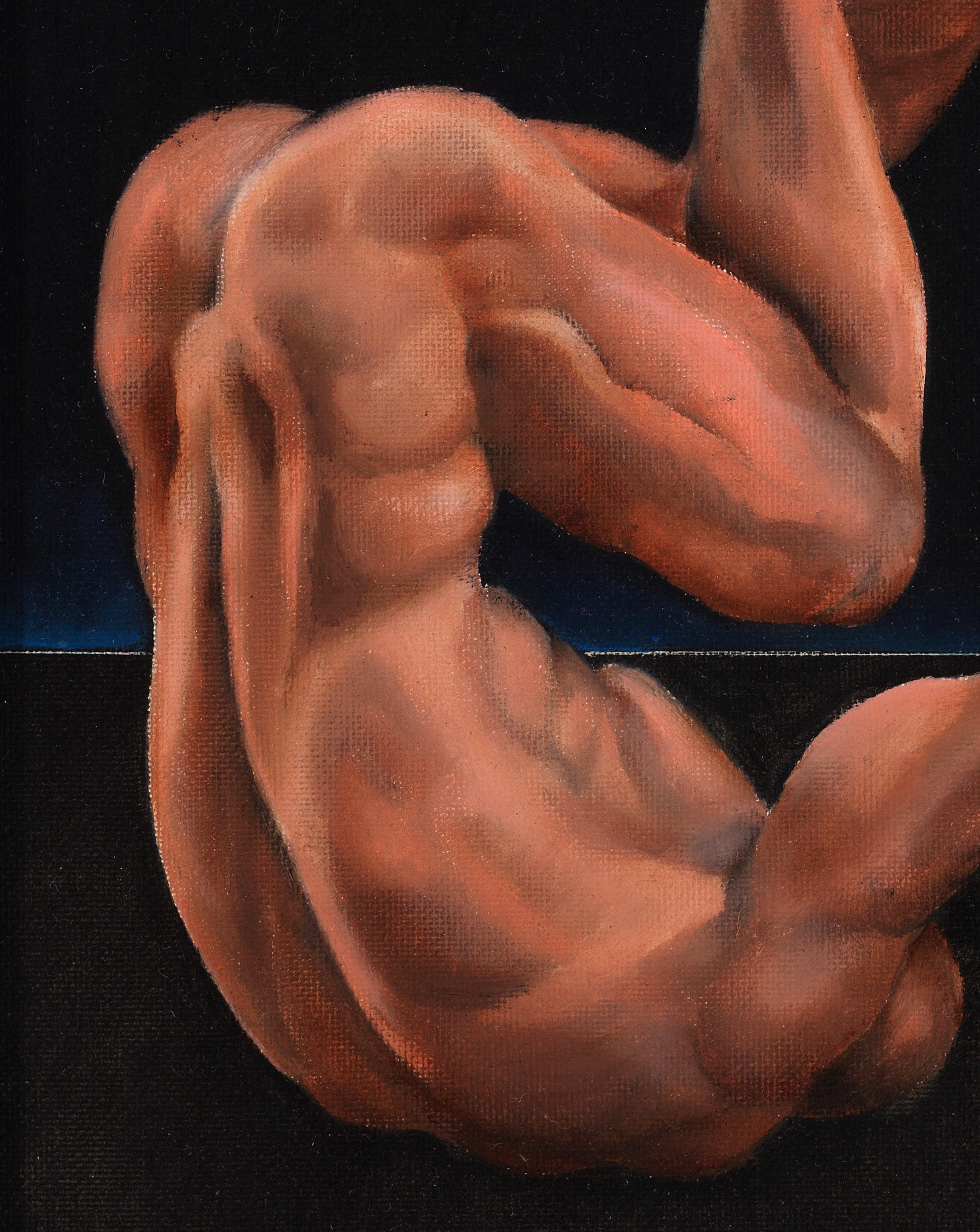 Icarus - Nackter männlicher Akt, der auf schwarzem Hintergrund nach unten schwebt, Öl auf Tafel (Zeitgenössisch), Painting, von Richard Gibbons