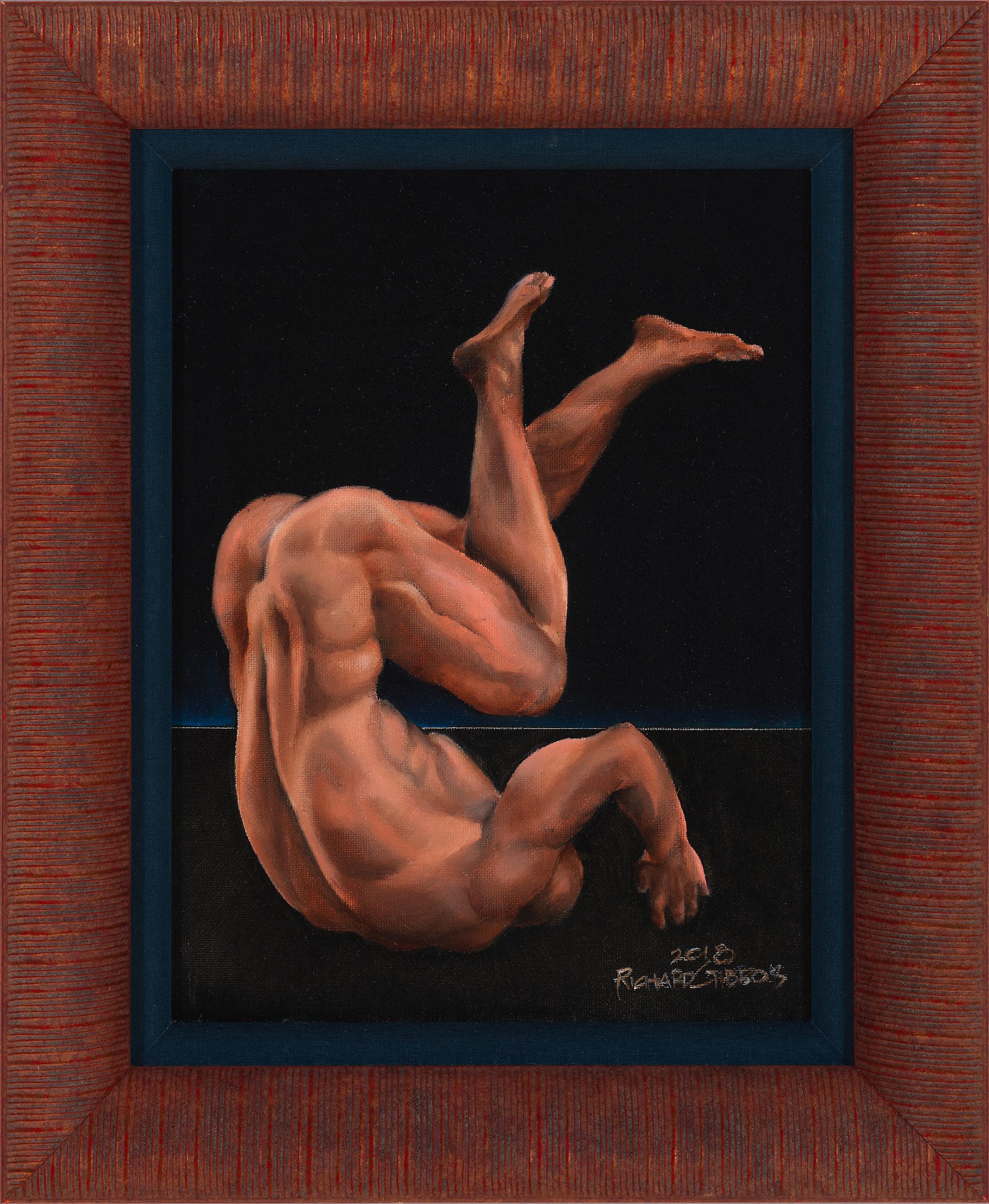 Richard Gibbons Figurative Painting – Icarus - Nackter männlicher Akt, der auf schwarzem Hintergrund nach unten schwebt, Öl auf Tafel
