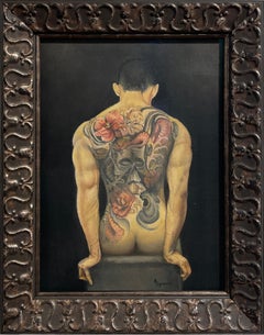 Ink, Muscular Male Nude with Intricate Floral and Skull Back Tattoo, Framed