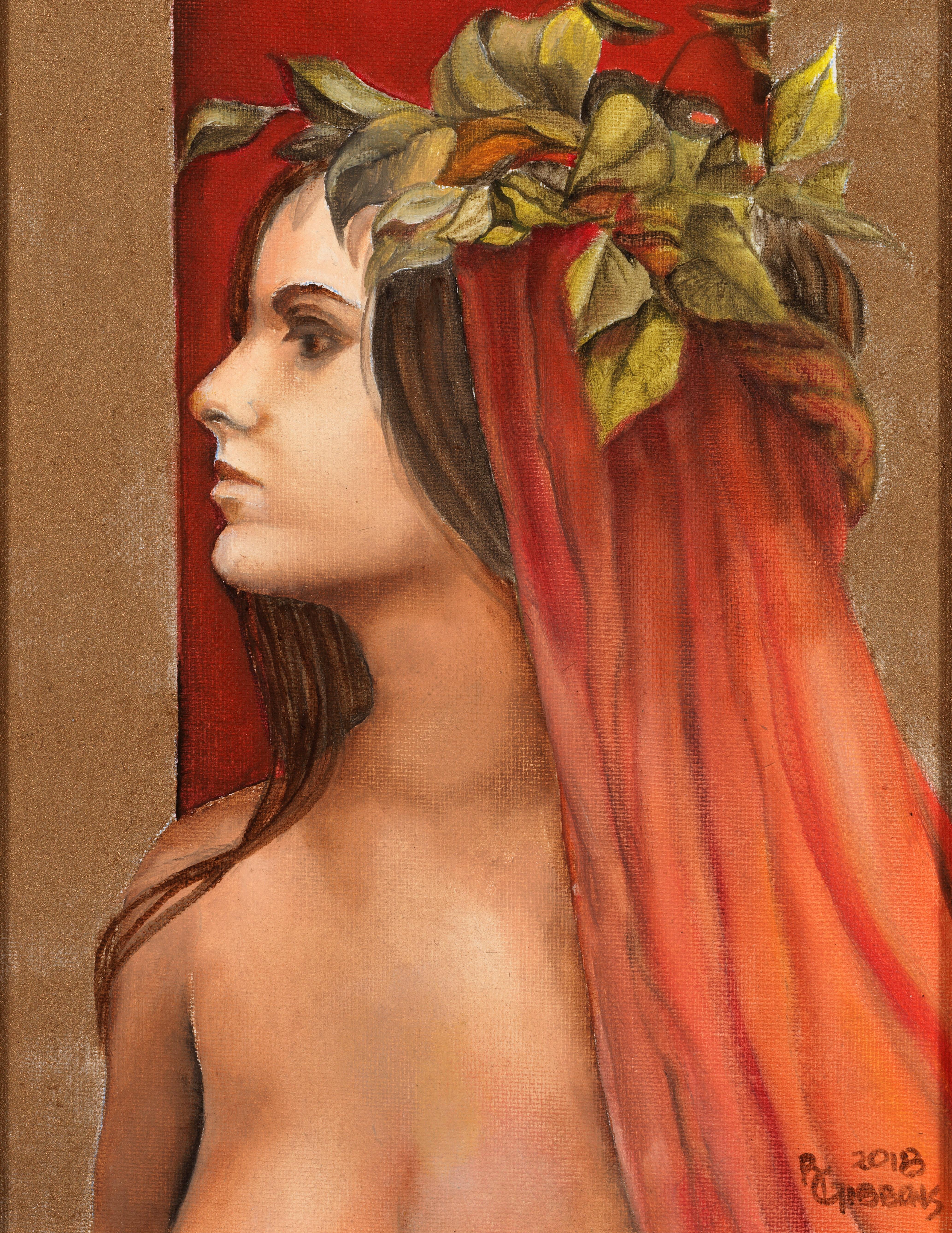 Unschuld - Junge weibliche Göttin mit rosafarbener und orangefarbener Schleppe und rotem Hintergrund – Painting von Richard Gibbons