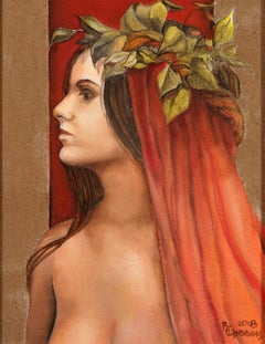 Innocence - Young Female Goddess with a Pink & Orange Veil and a Red Background