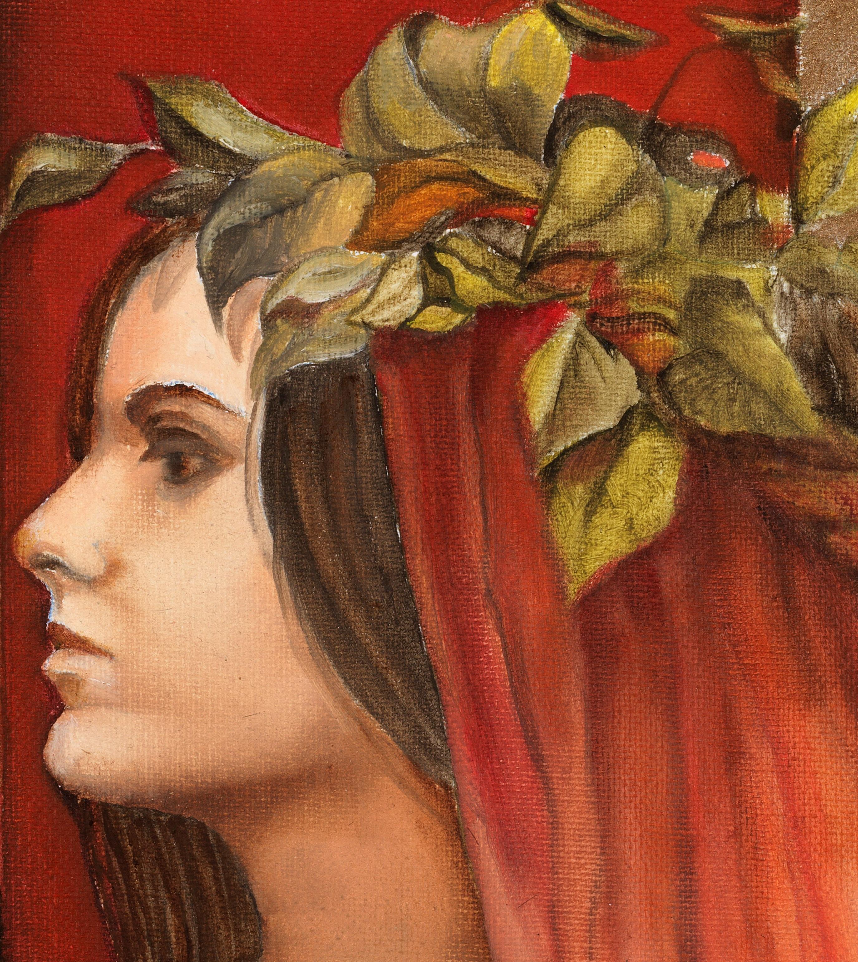 Unschuld - Junge weibliche Göttin mit rosafarbener und orangefarbener Schleppe und rotem Hintergrund (Zeitgenössisch), Painting, von Richard Gibbons