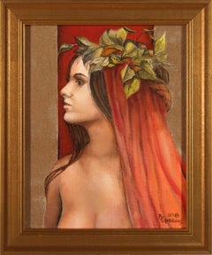 Innocence - Young Female Goddess with a Pink & Orange Veil and a Red Background