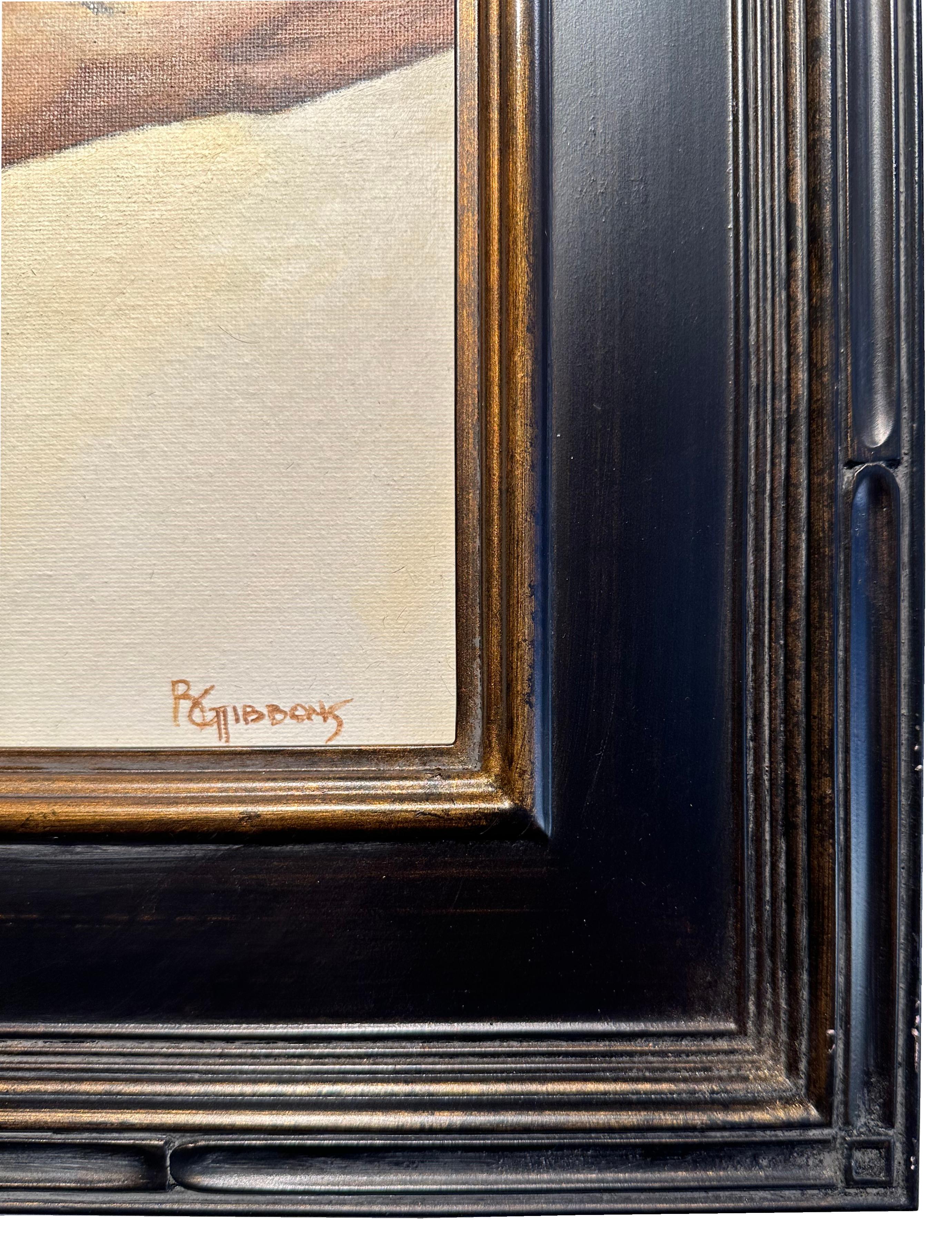 Koi - Maschio muscoloso nudo che sfoggia un tatuaggio a forma di pesce, olio originale, incorniciato - Figurative Painting Nero di Richard Gibbons