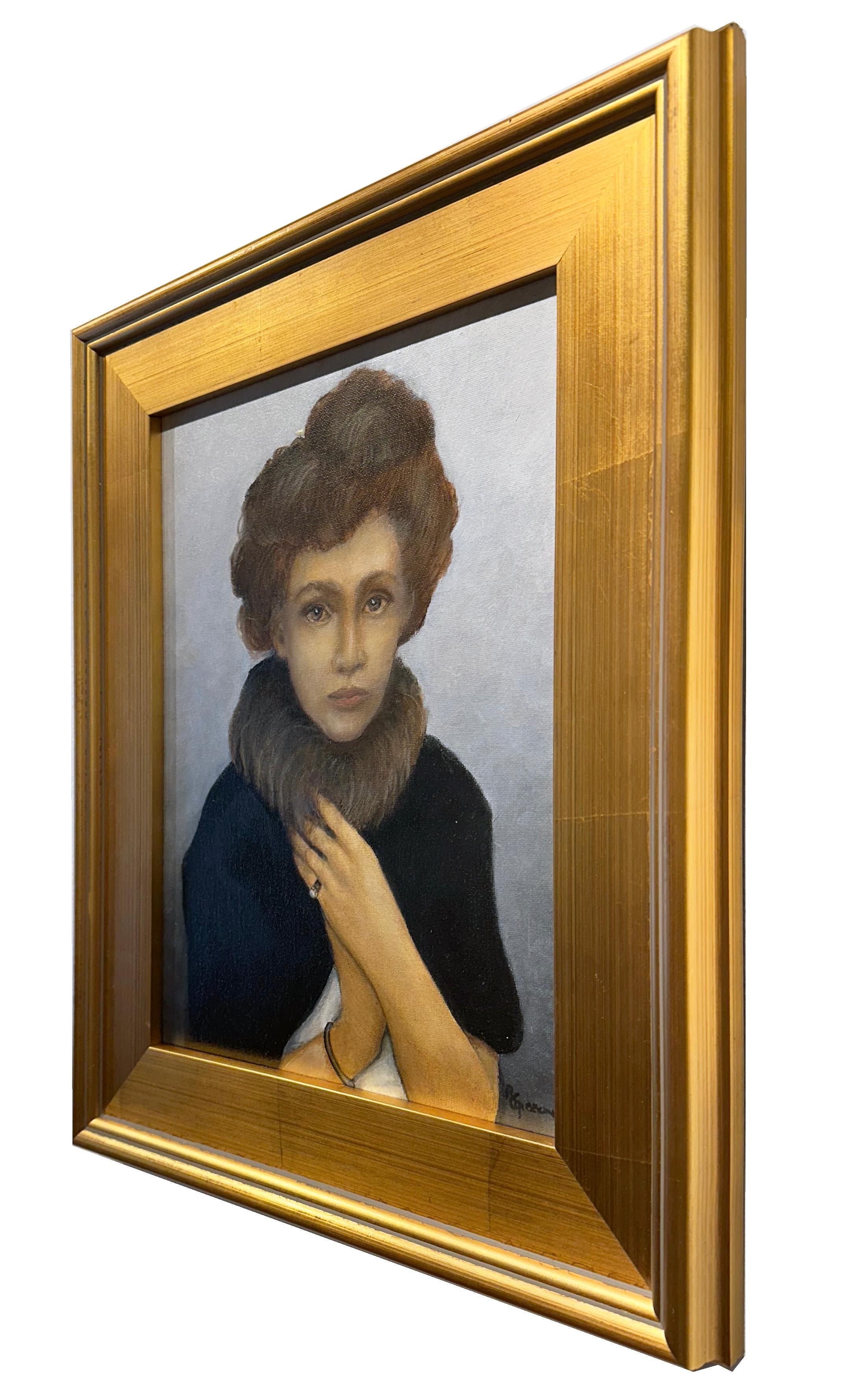 La Boehme - Ritratto di donna in pelliccia, olio originale con cornice in foglia d'oro - Painting di Richard Gibbons