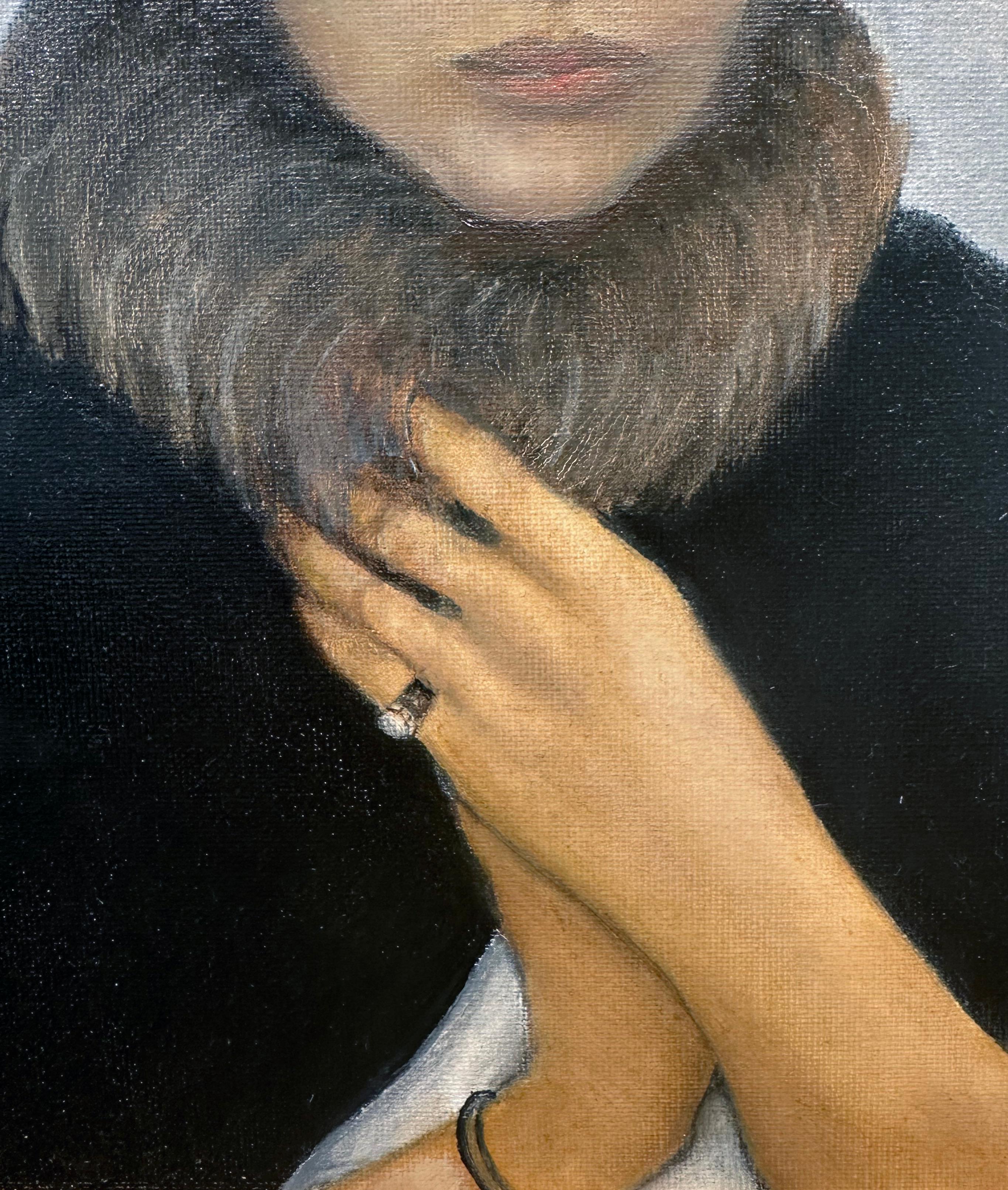 La Boehme - Ritratto di donna in pelliccia, olio originale con cornice in foglia d'oro - Figurative Painting Marrone di Richard Gibbons