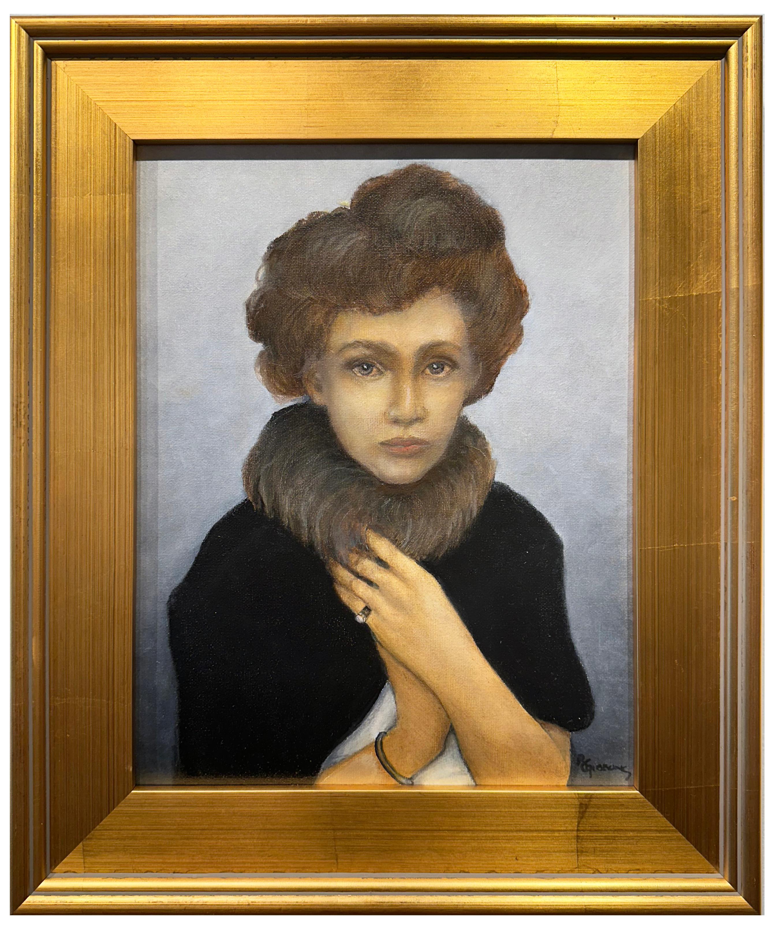 Figurative Painting di Richard Gibbons - La Boehme - Ritratto di donna in pelliccia, olio originale con cornice in foglia d'oro
