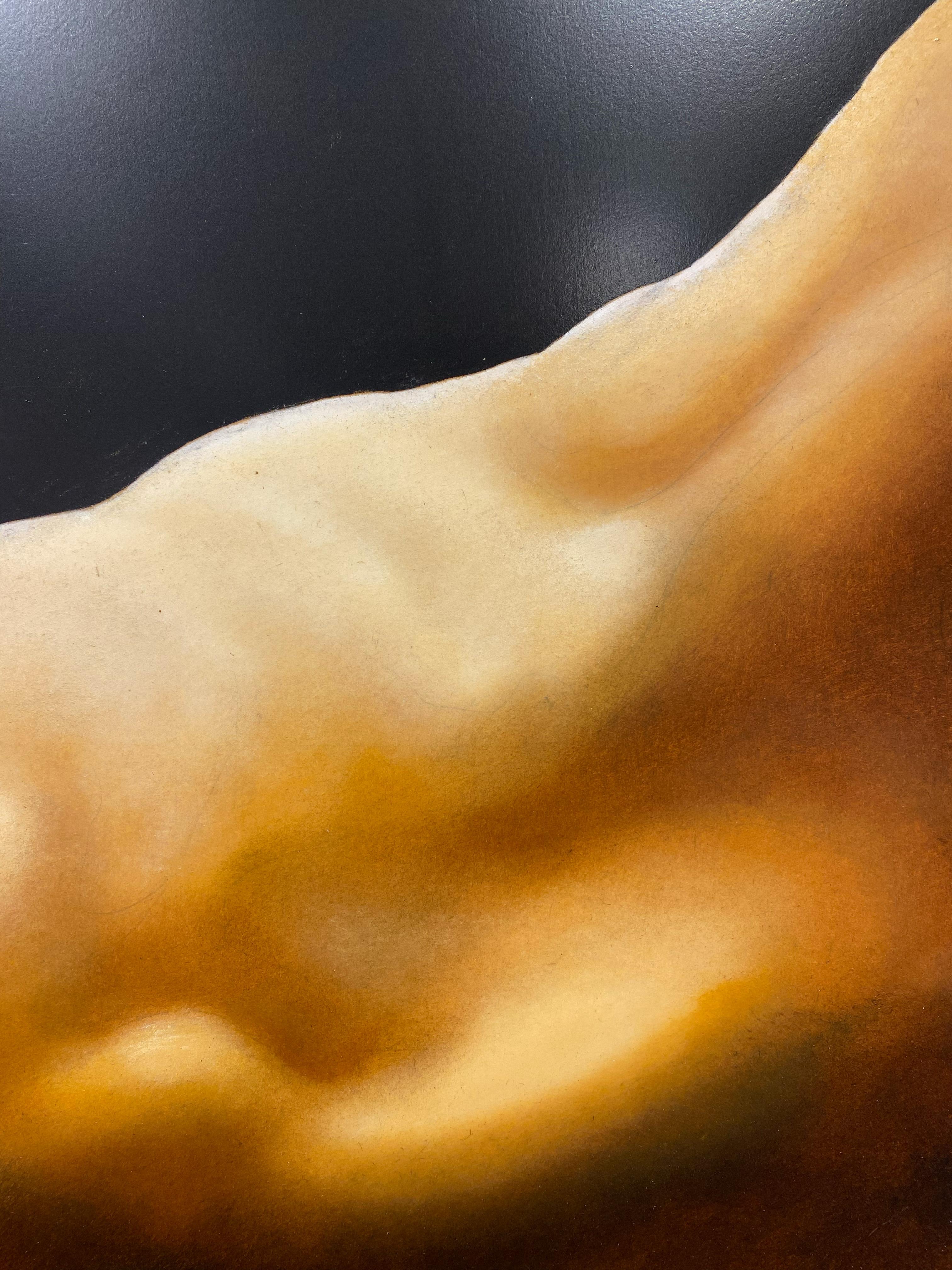Landscape of Man - Close-Up Nude Male Body Lying Down, Original, Oil on Panel For Sale 1