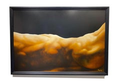 Landschaft eines Mannes – Nahaufnahme eines männlichen Körpers, der Daunen liegt, Original, Öl auf Tafel