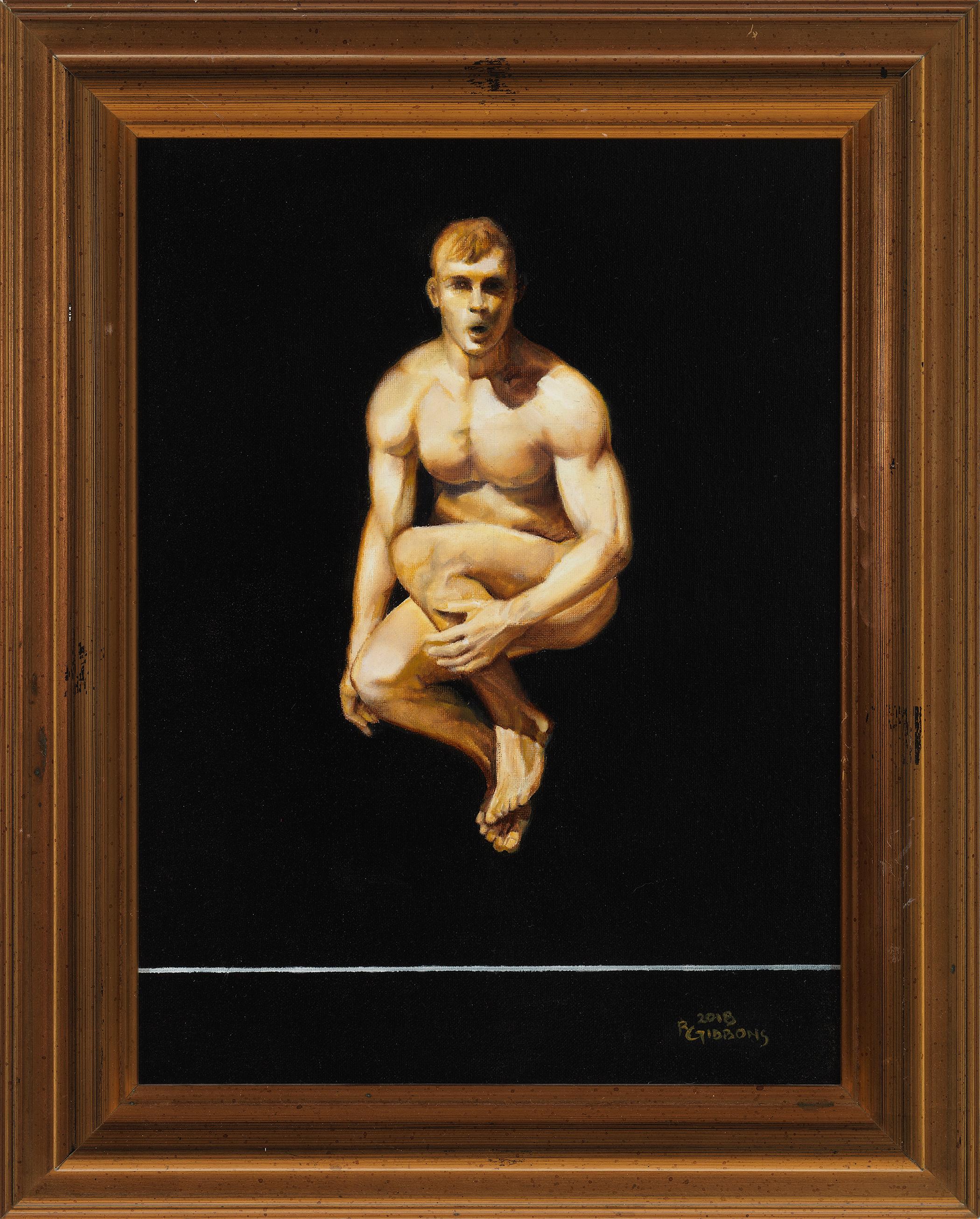 Leaping II - Male Nude on Black Background, Oil on Panel