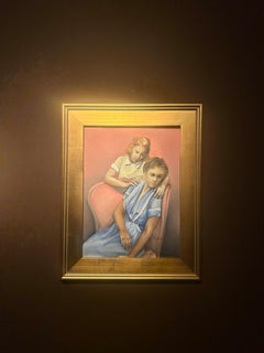 Mother and Daughter - Original Oil of a Daughter Standing Behind Mother, Framed