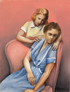 Mother and Daughter - Original Oil of a Daughter Standing Behind Mother, Framed