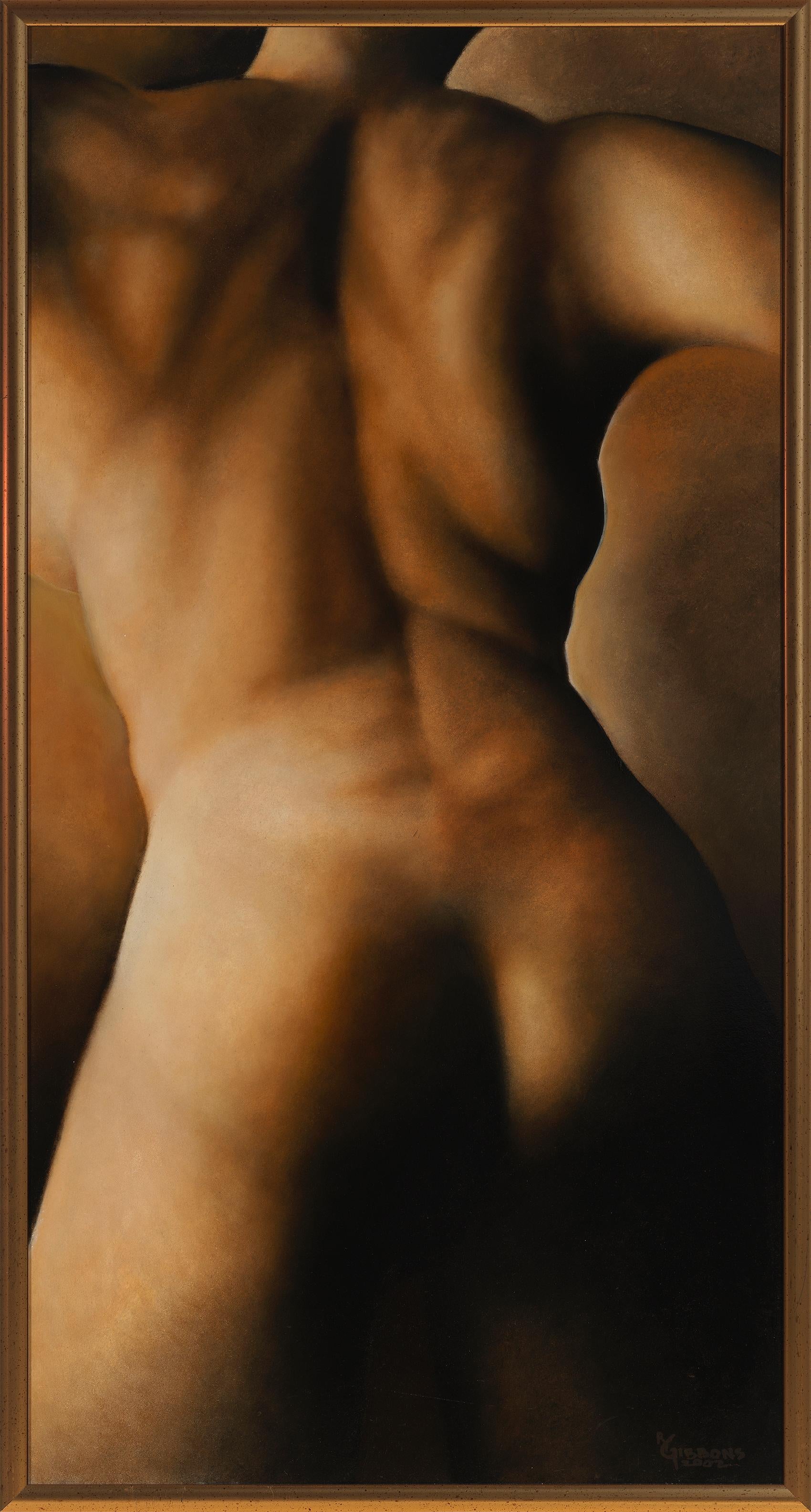 Figurative Painting de Richard Gibbons - Movimiento (#172) - Pintura al óleo original de Mujer desnuda de espaldas en tonos cálidos de piel