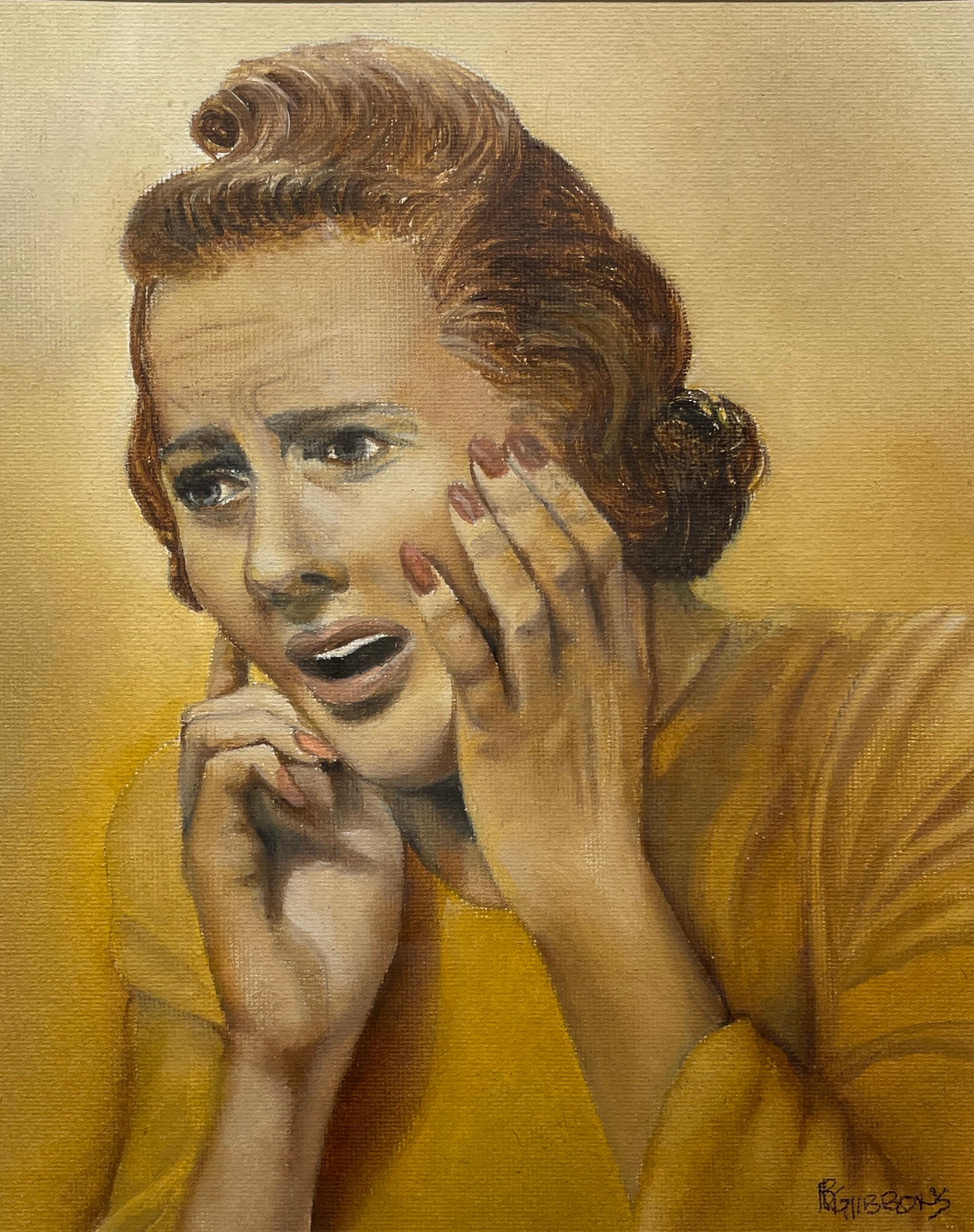 Oh No! - Ritratto di donna in stato di shock, pittura a olio originale - Painting Contemporaneo di Richard Gibbons