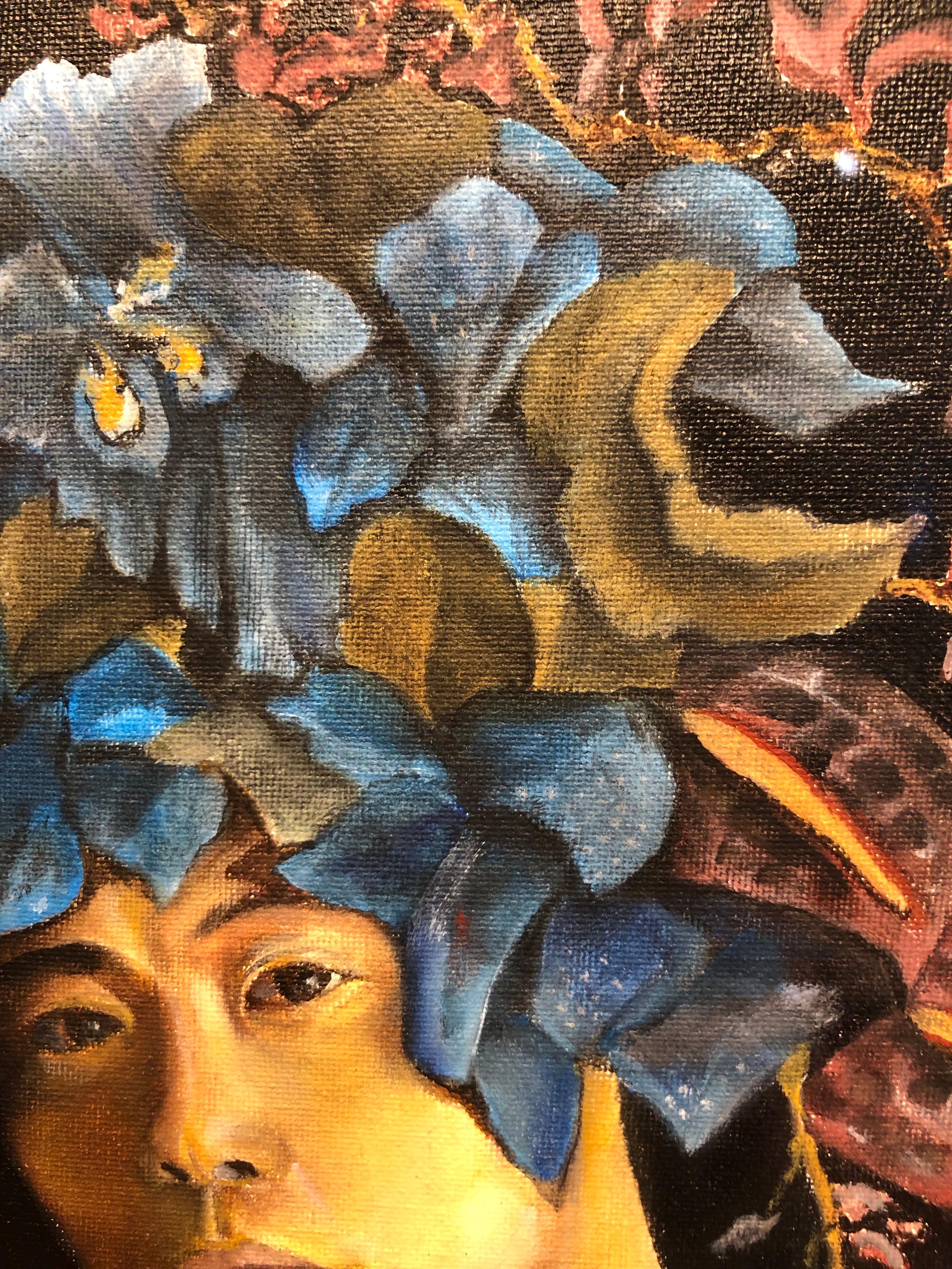 Orchids - Nude Male Torso with Blue Orchids and Blue Background, Oil on Panel - Black Figurative Painting by Richard Gibbons