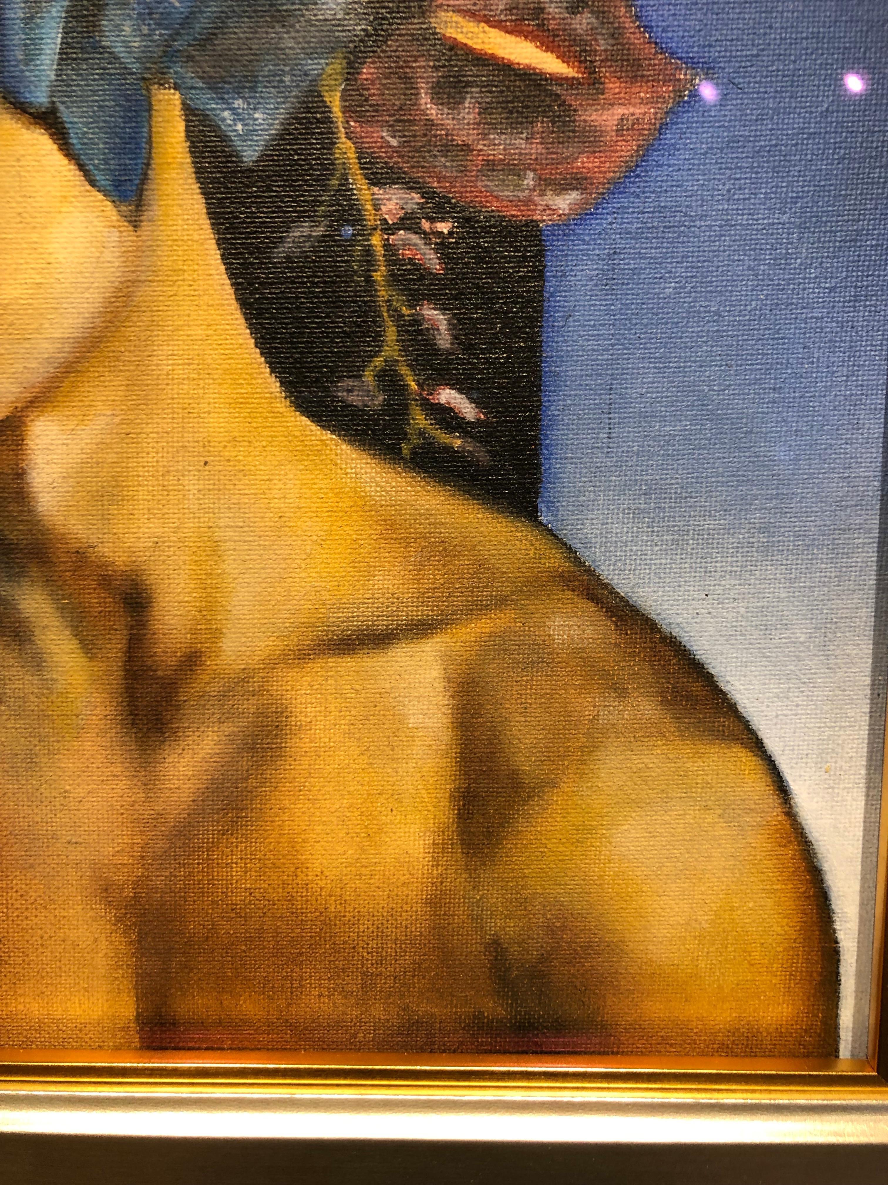 Orchids - Nude Male Torso with Blue Orchids and Blue Background, Oil on Panel For Sale 2