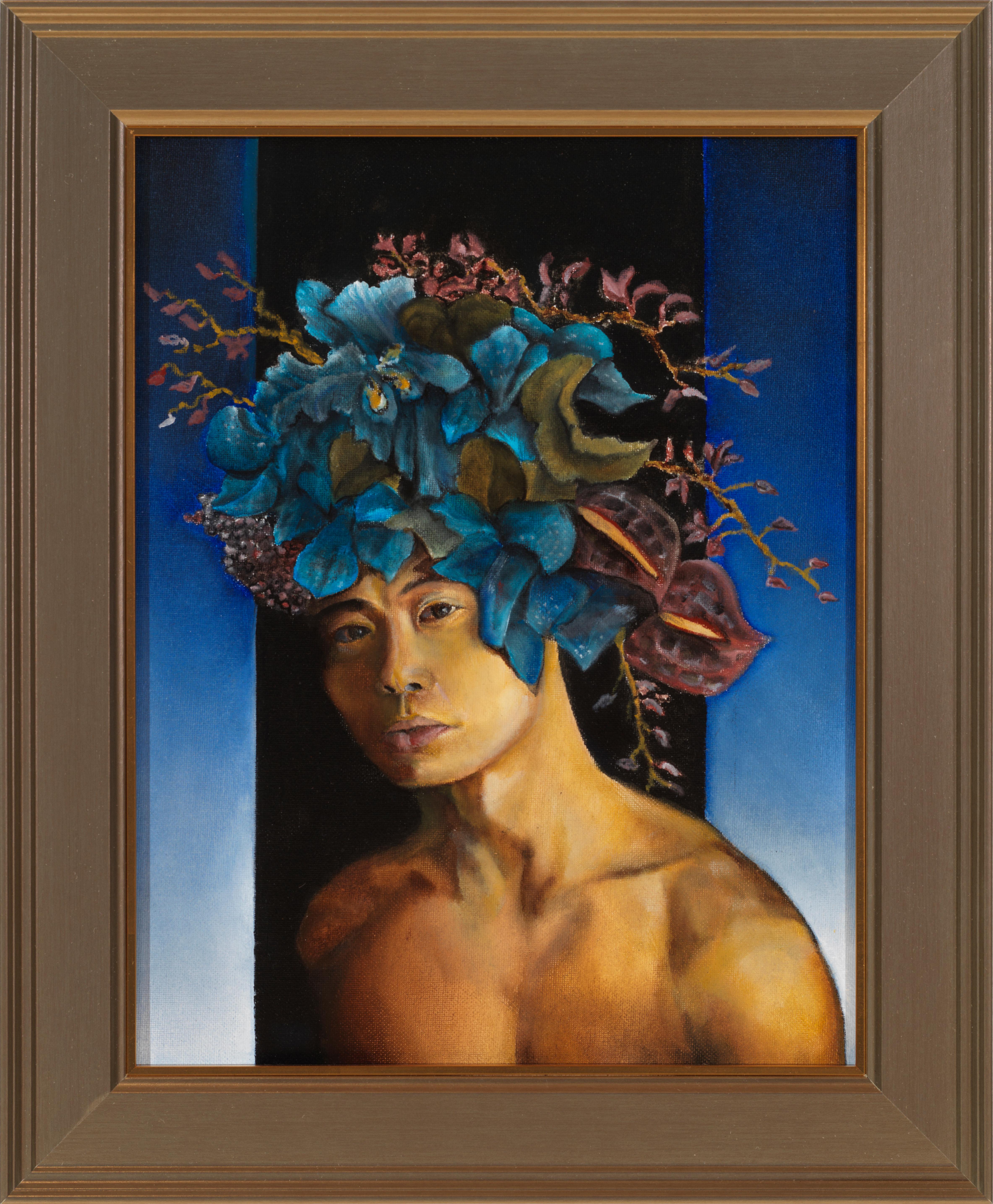 Orchids - Nude Male Torso with Blue Orchids and Blue Background, Oil on Panel