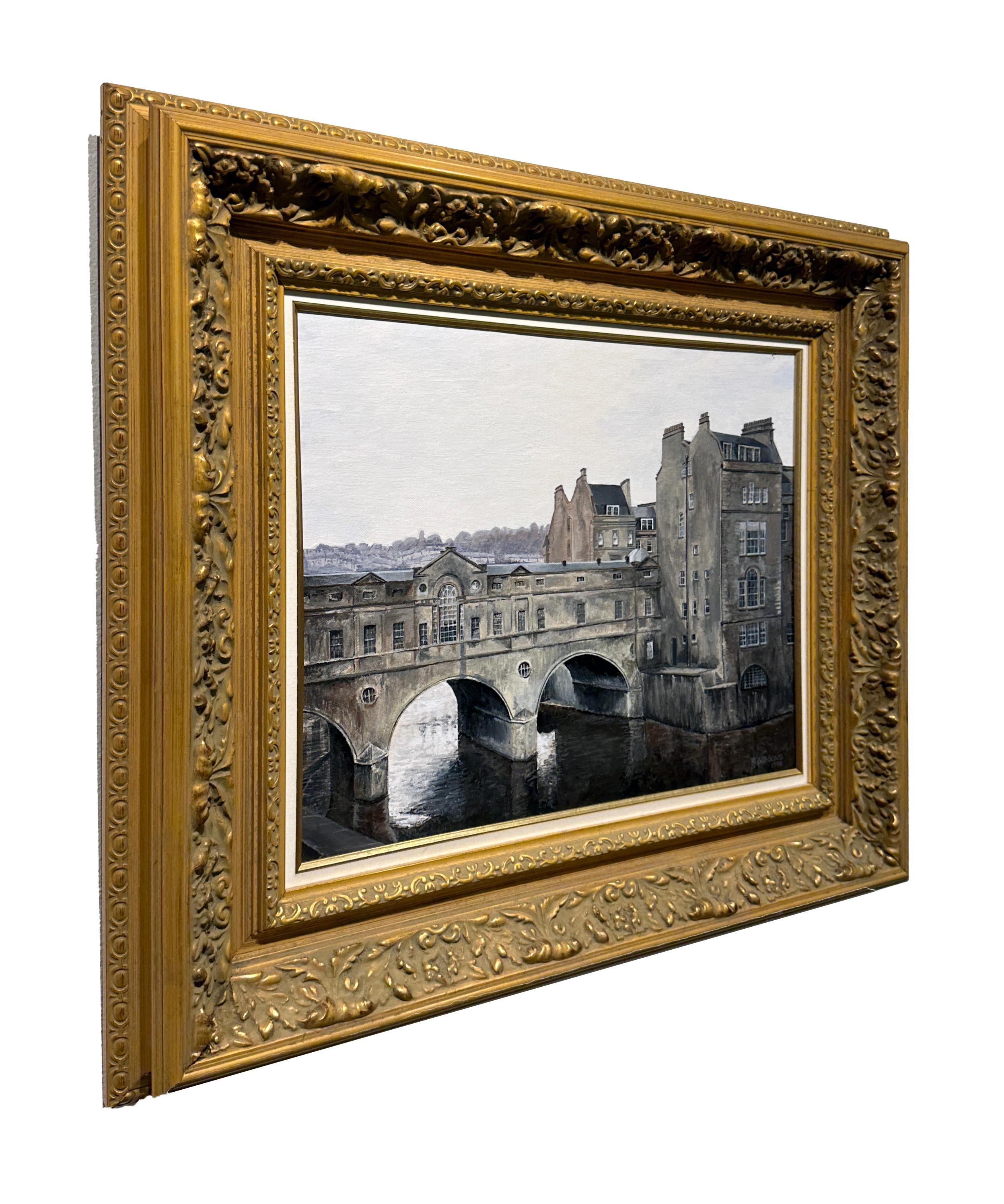 Pulteney Bridge, Bath, England - Framed Landscape, Original Oil on Canvas - Painting by Richard Gibbons