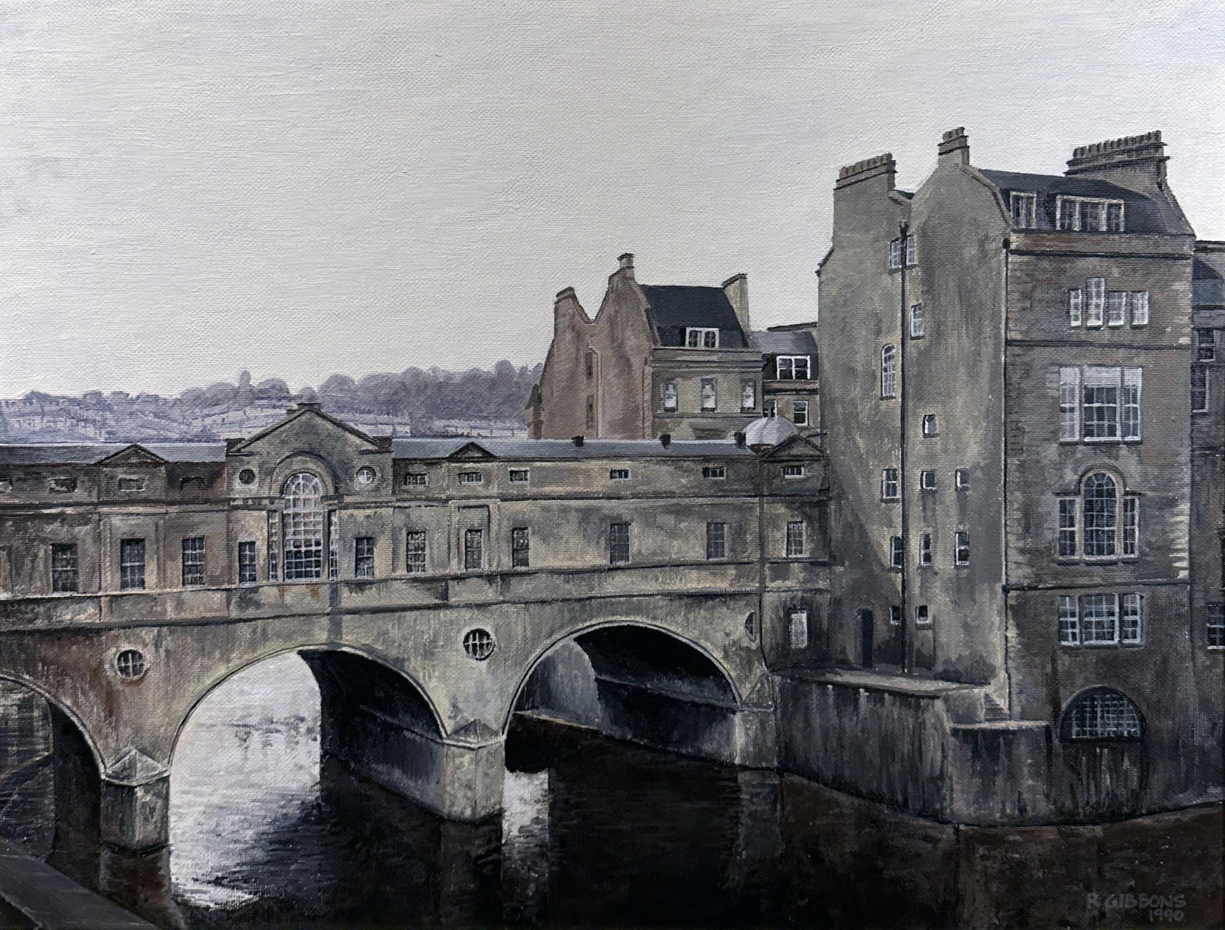 Pulteney Bridge, Bath, England - Framed Landscape, Original Oil on Canvas - Contemporary Painting by Richard Gibbons
