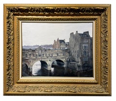 Le pont Pulteney, Bath, Angleterre - Paysage encadré, huile sur toile originale