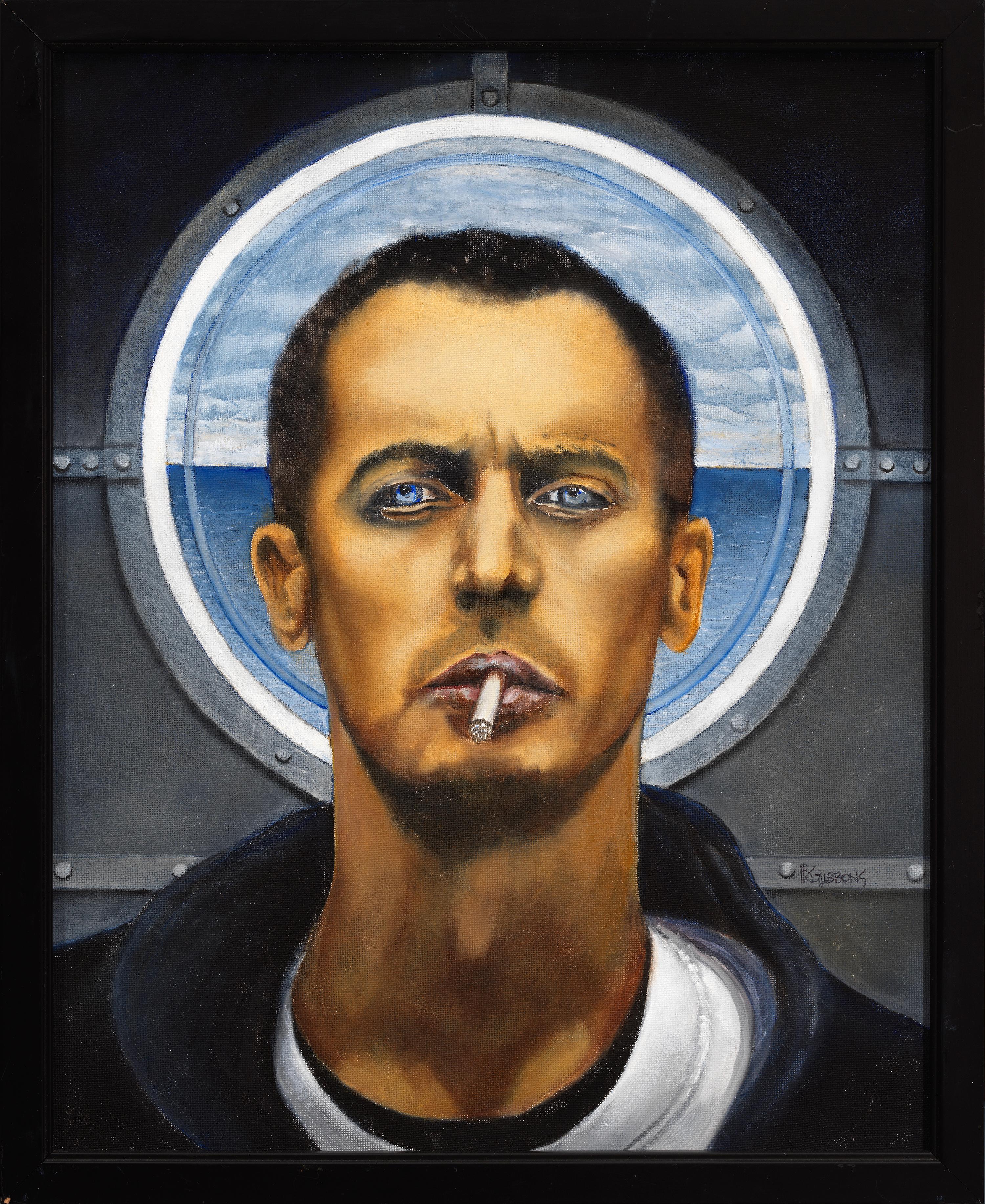 Richard Gibbons Portrait Painting - Querelle - Man with Piercing Blue Eyes, Smoking, Original Oil Painting