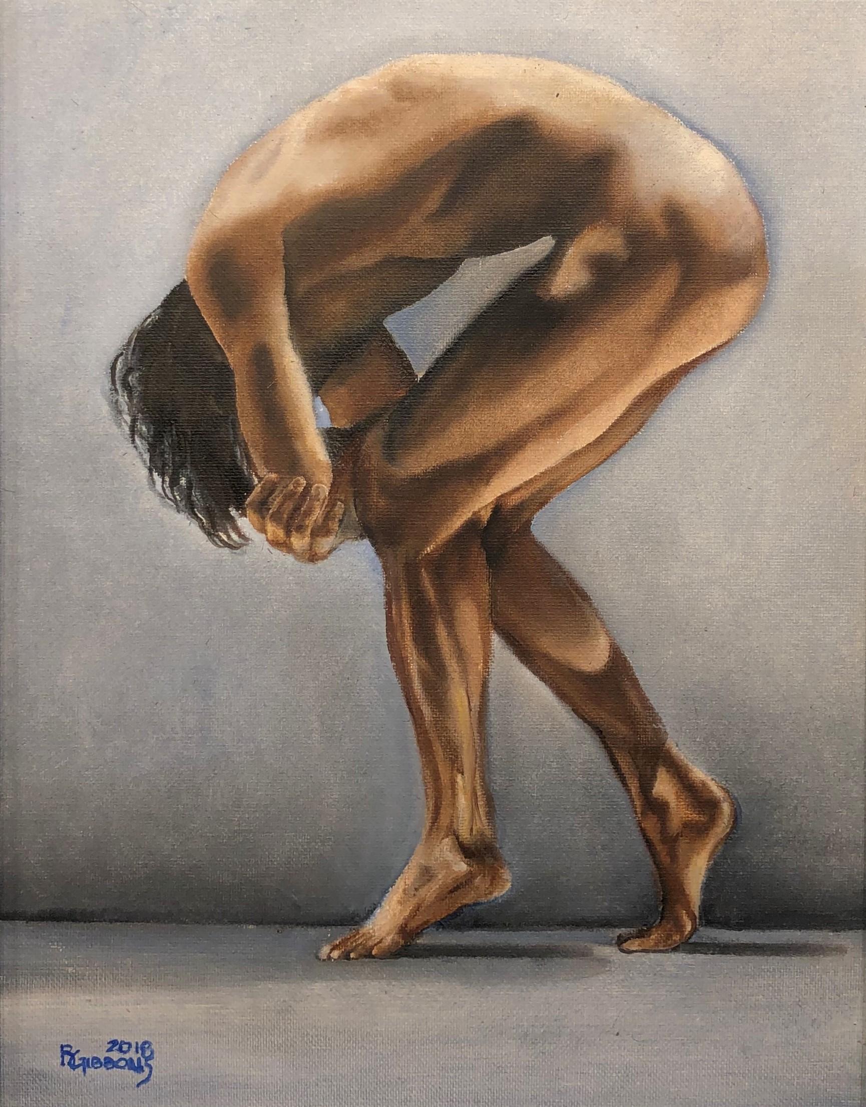 Question II - Bending Male Nude, Pale Blue-Gray, Background, Oil on Canvas - Painting by Richard Gibbons