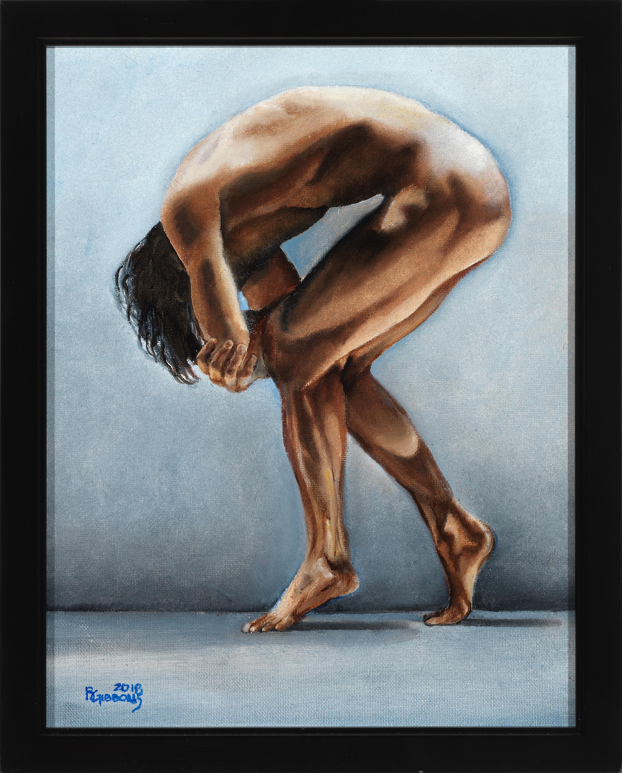 Richard Gibbons Nude Painting - Question II - Bending Male Nude, Pale Blue-Gray, Background, Oil on Canvas