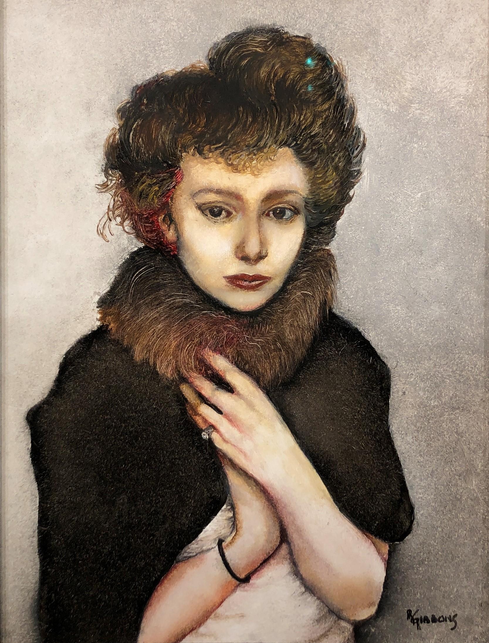 Remembering That Winter in Vienna, Portrait of a Women in Fur, Original Oil - Contemporary Painting by Richard Gibbons