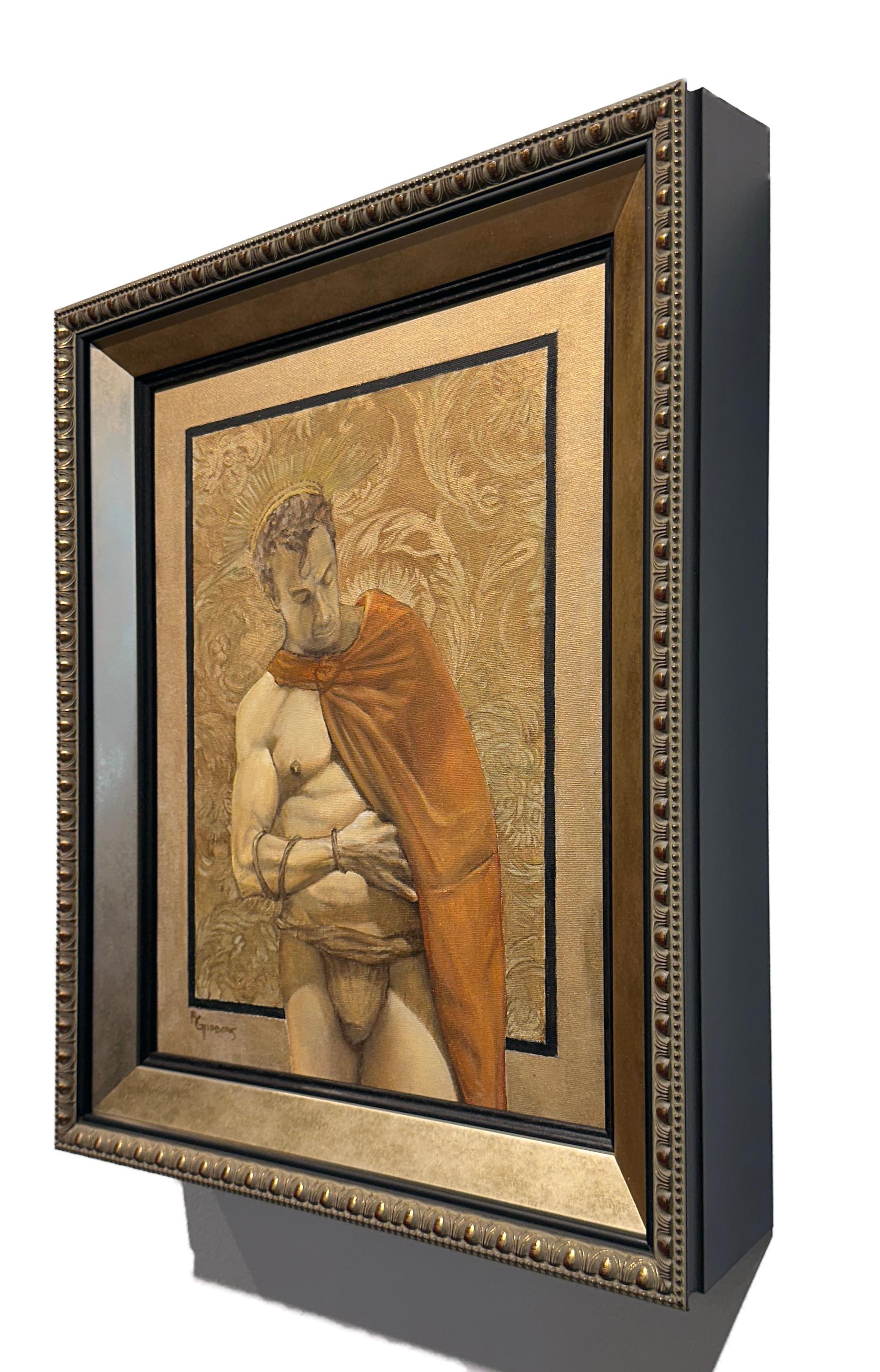 Saint Augustine, Muscular Male, Wearing a Red Cloak & Loin Cloth, Original Oil - Contemporary Painting by Richard Gibbons