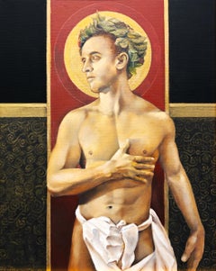 Saint Dante - Nude Male w/ Halo, Gazing to the Side, Black, Gold, Red Background